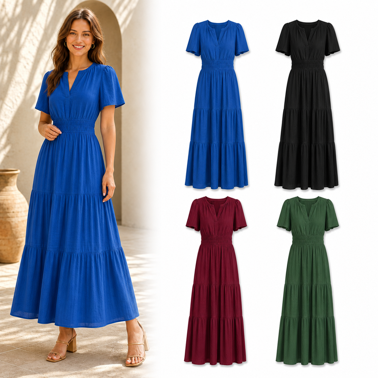 Four-color women's smocked-waist maxi dress set A