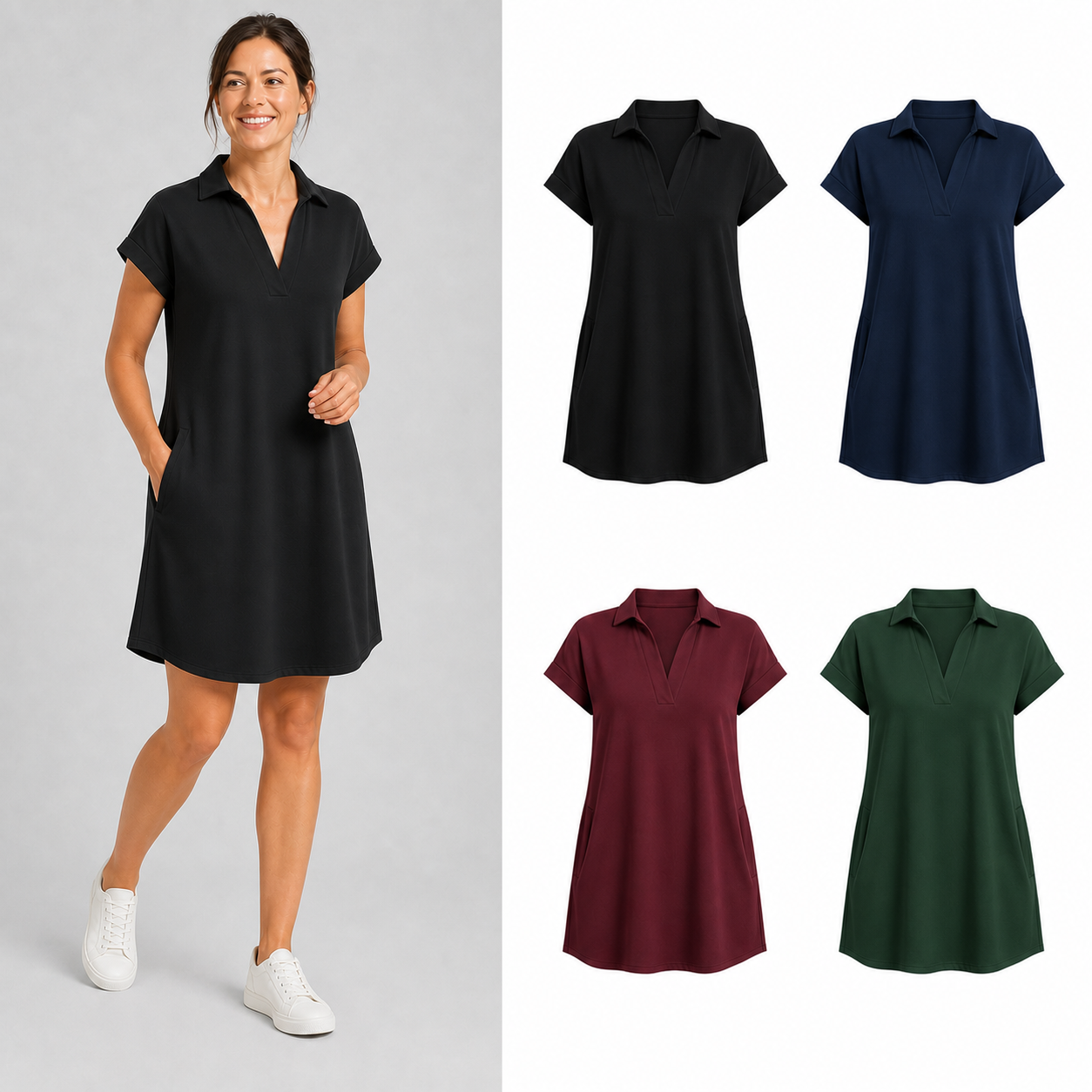 Four color women's collared pocket dress set A