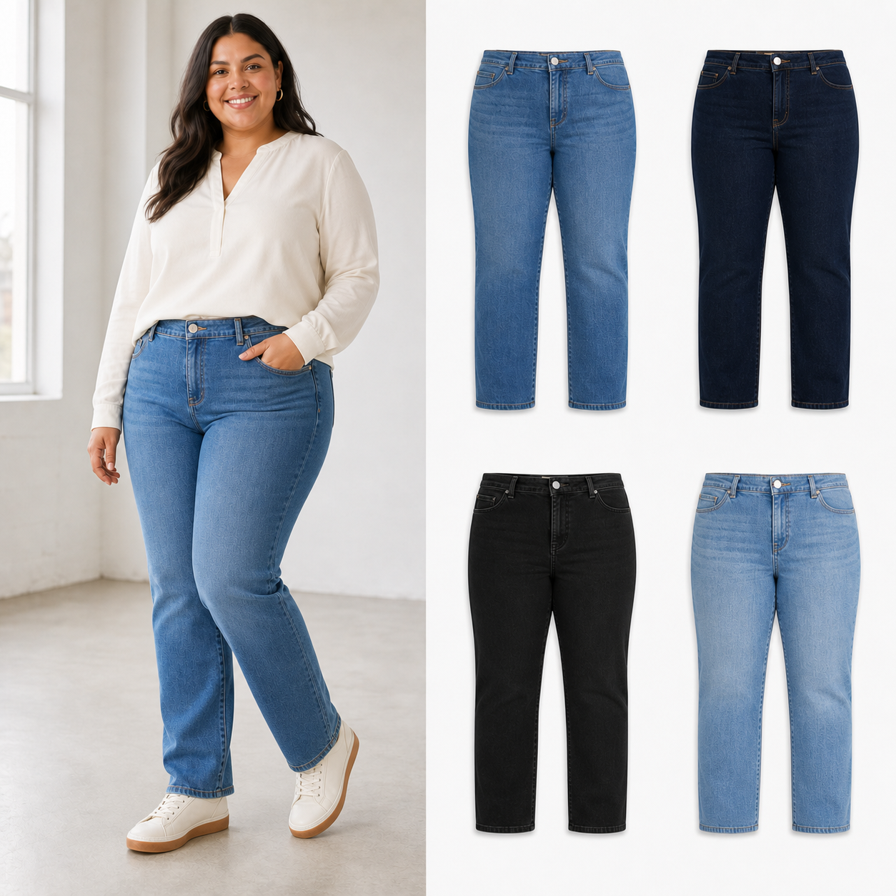 Four-color women's plus-size straight-leg jeans set A