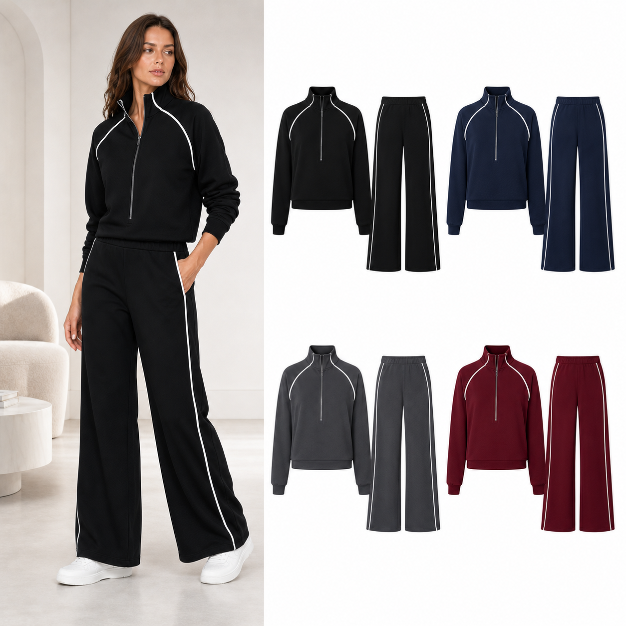Four-color women's piped wide-leg set A