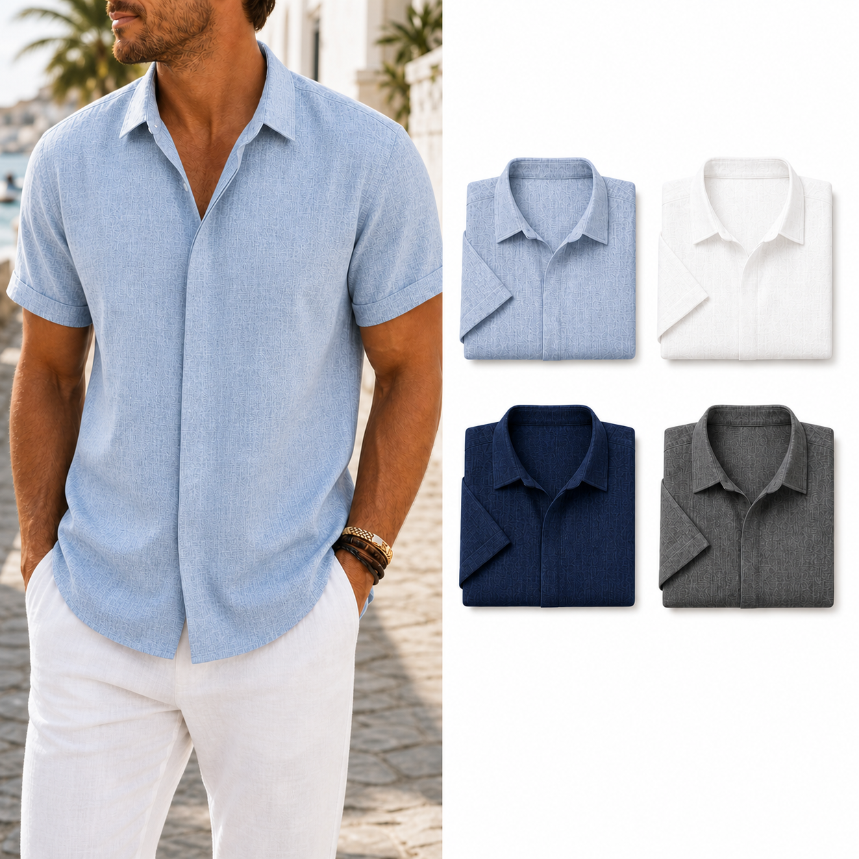 Four color men's textured short-sleeve shirt set A