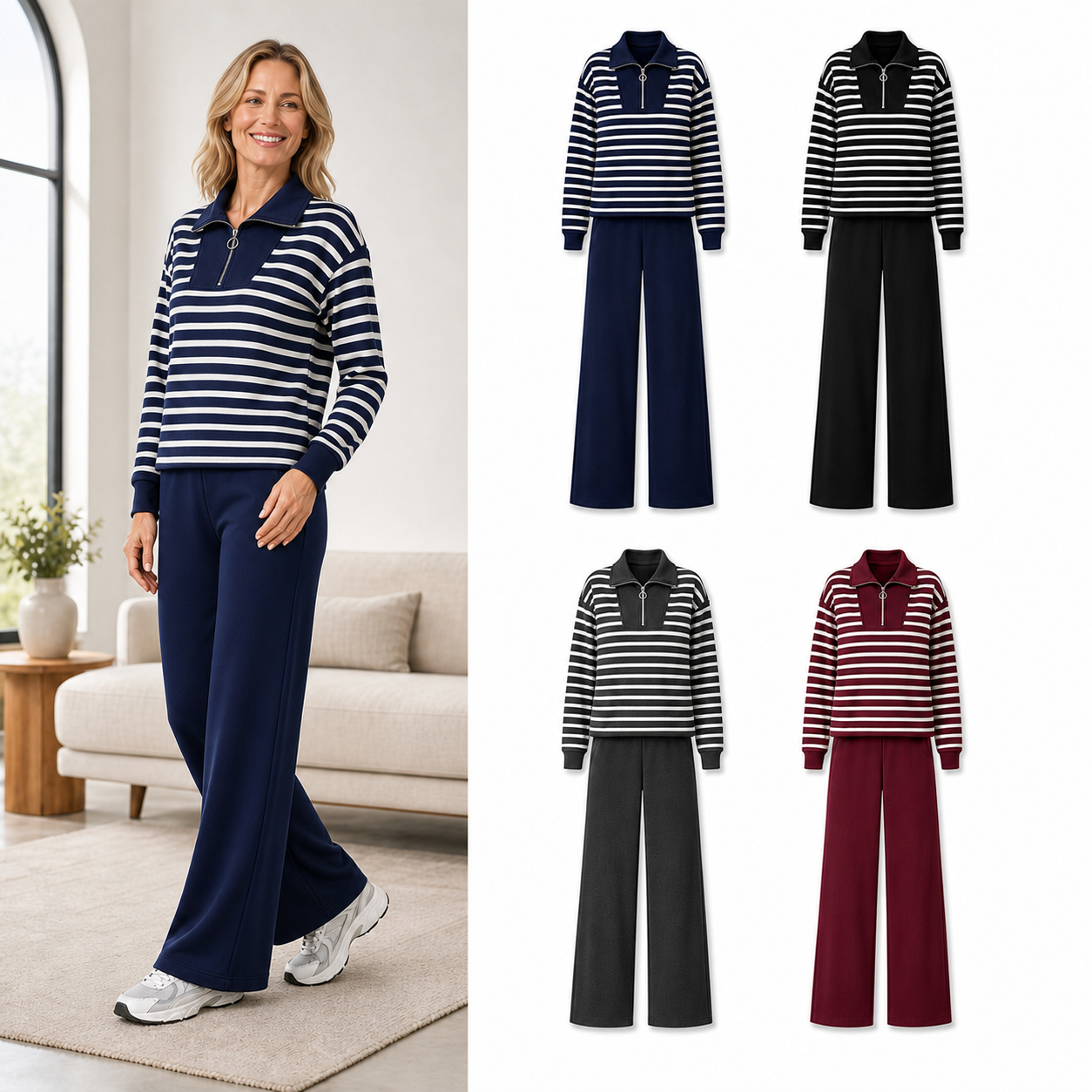 Four-color women's striped quarter-zip set A