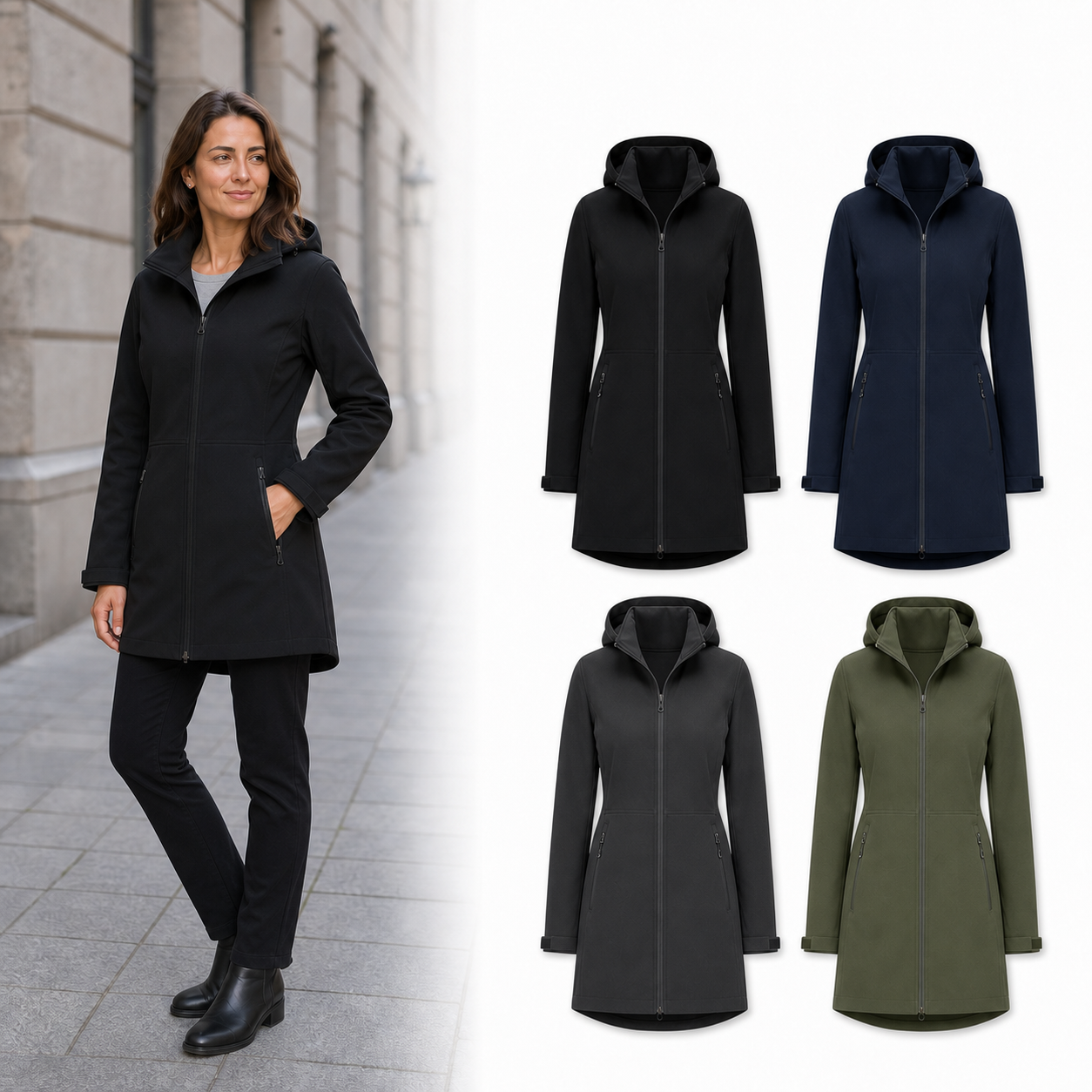 Black navy charcoal and olive four-jacket set A