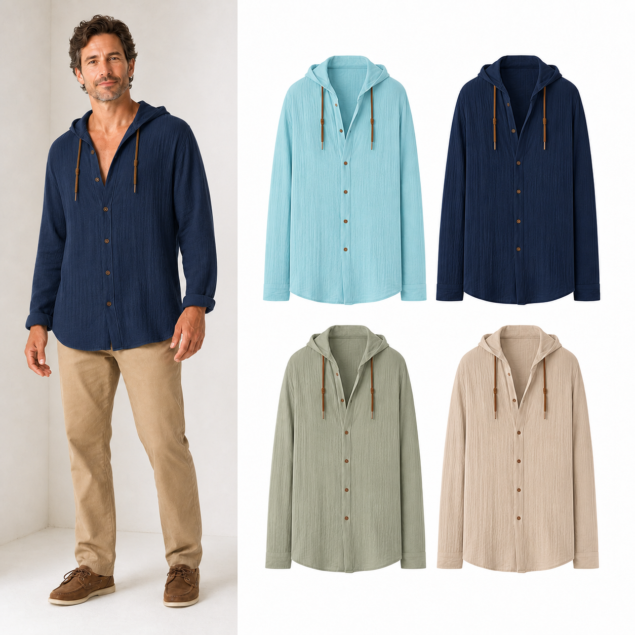 Four color pack A of men's hooded button shirts