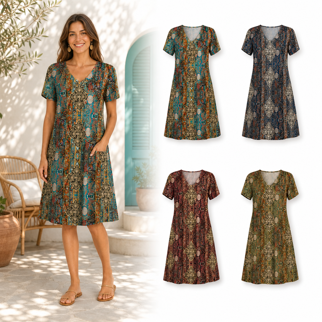 Four color women's ornamental print dress set A