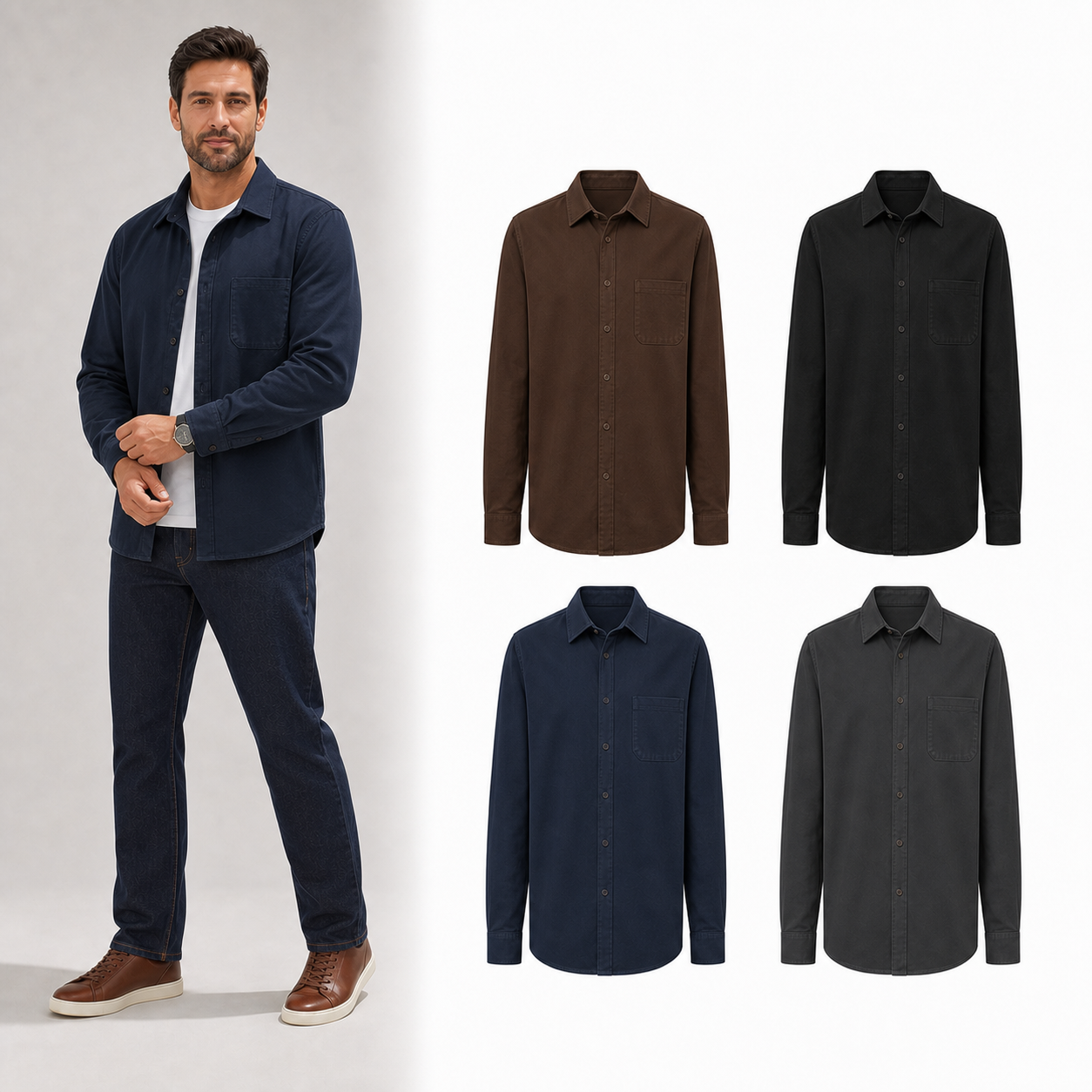 Four-color men's overshirt set A in brown black navy and charcoal