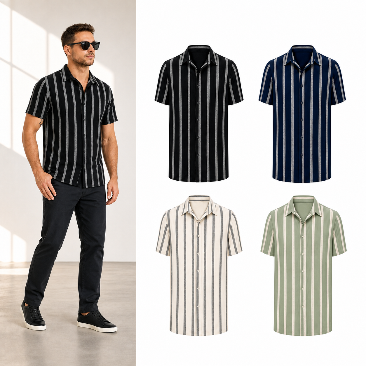 Four-color men's striped shirt set A