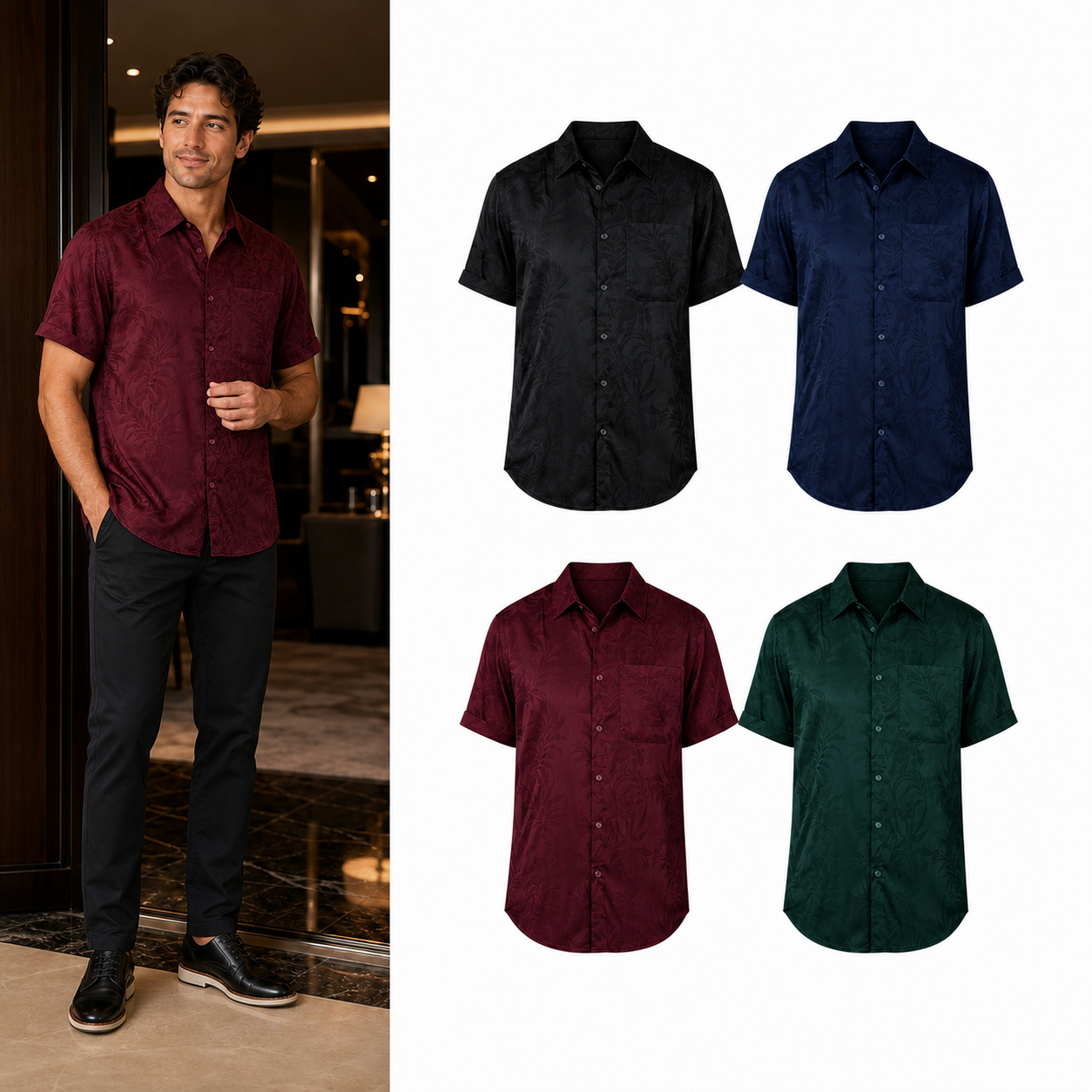 Four-color tonal floral jacquard shirt set A