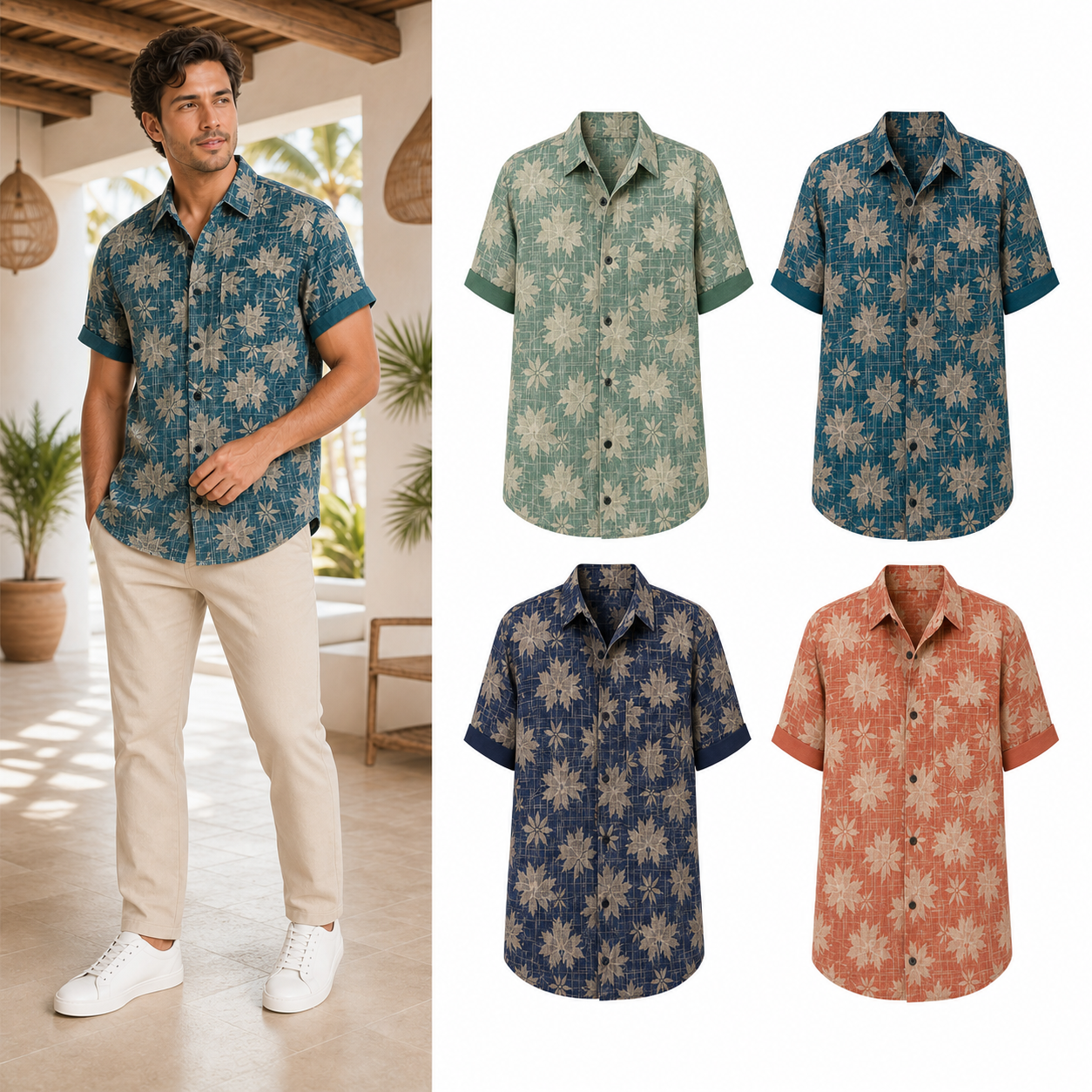 Four-color men's botanical camp collar shirt set A