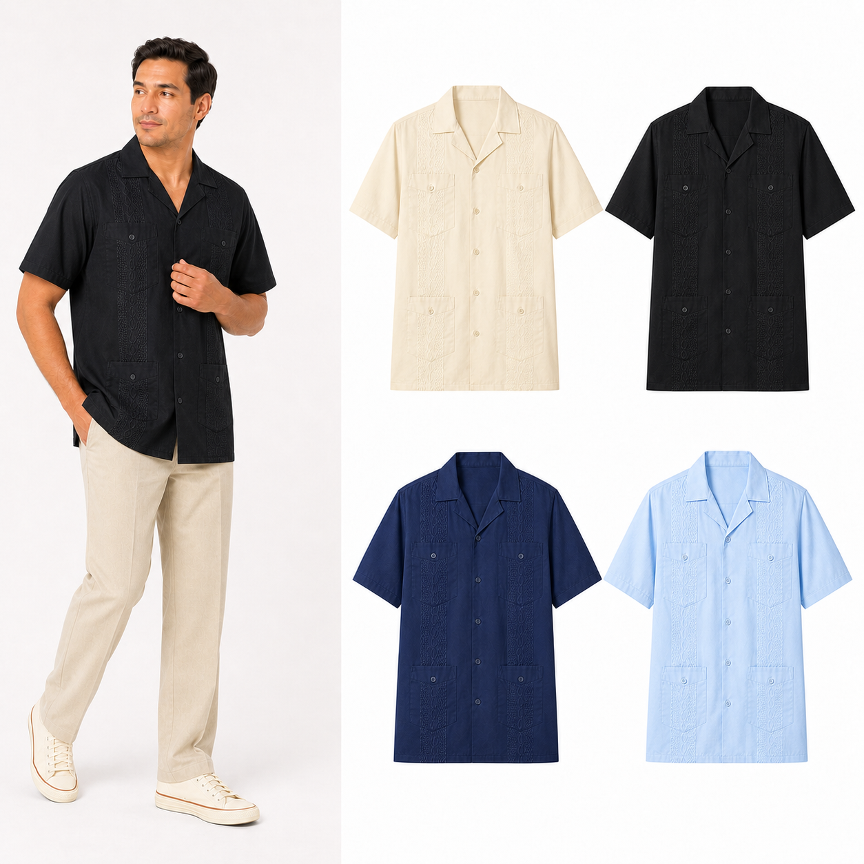 Four-color guayabera set A in ivory black navy and sky blue