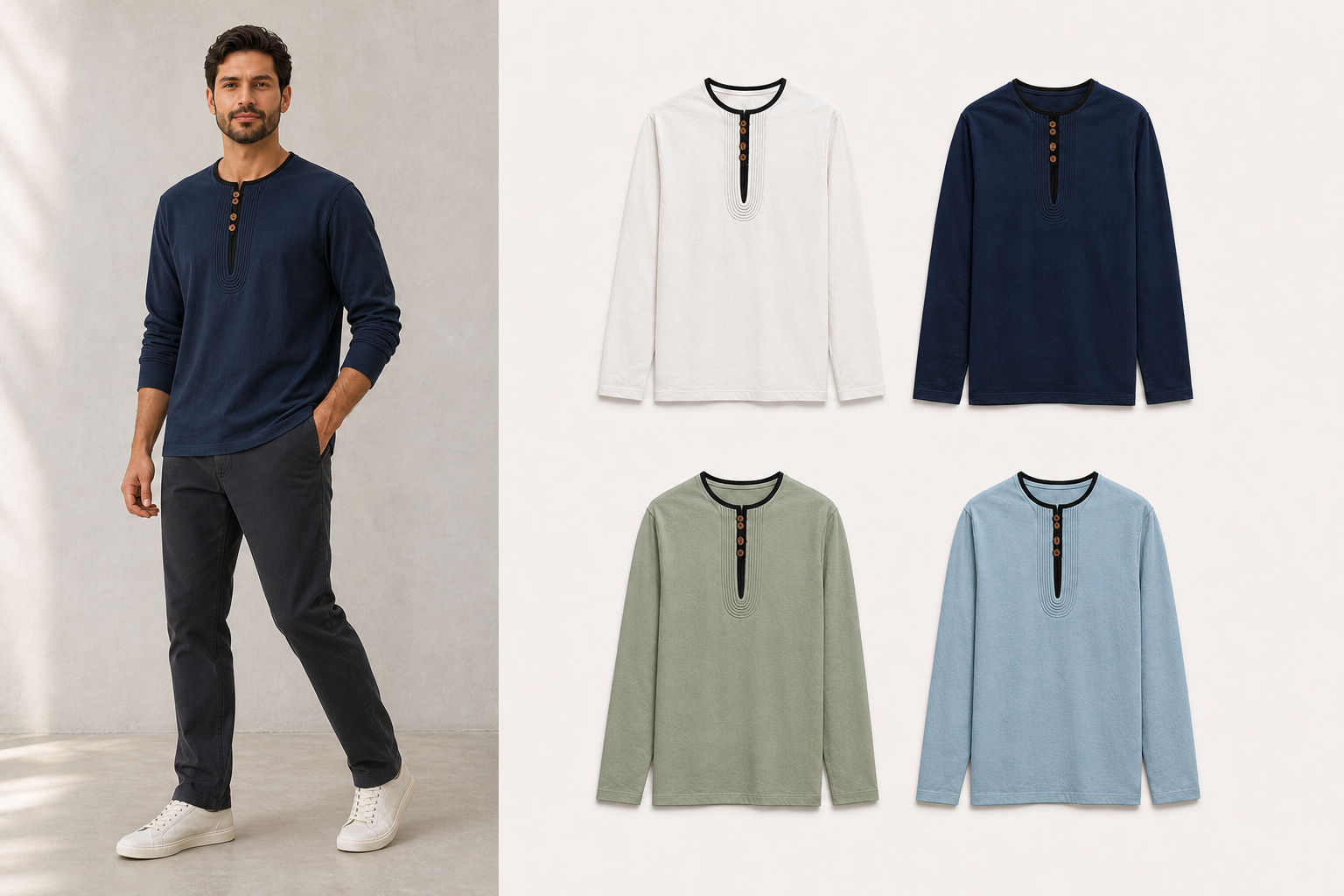Men's contrast trim long sleeve Henley mixed four pack A