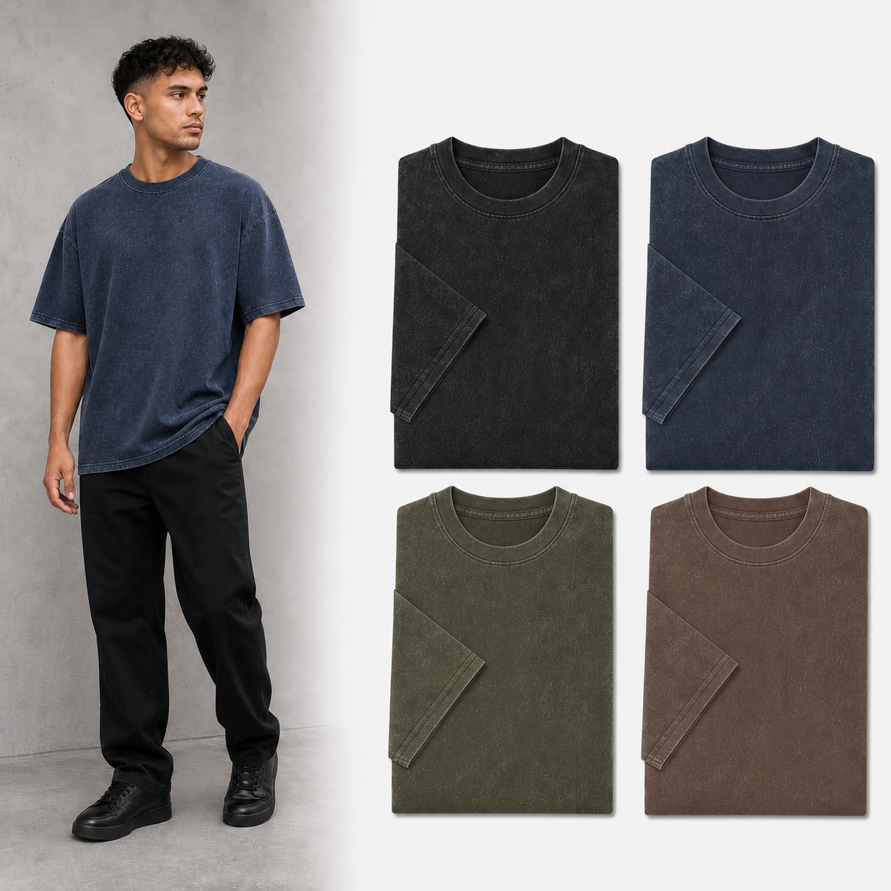 Four-color men's washed oversized T-shirt set A