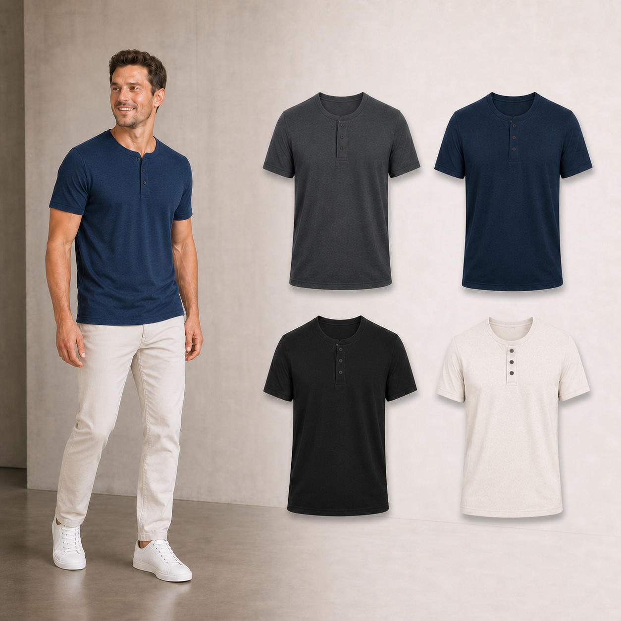Men's fitted three-button Henley shirt mixed four pack A