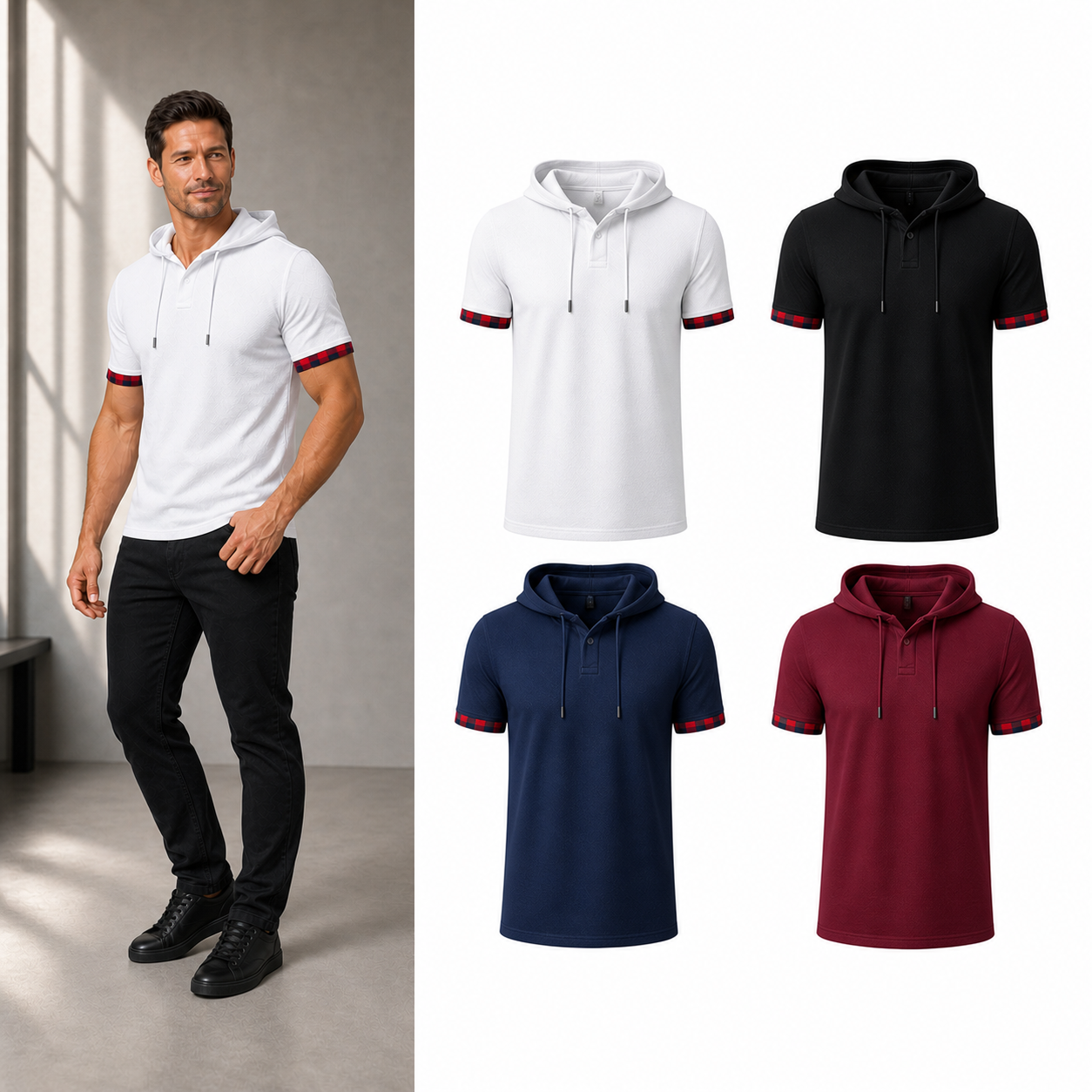 Four pack A of men's plaid cuff hooded Henley shirts