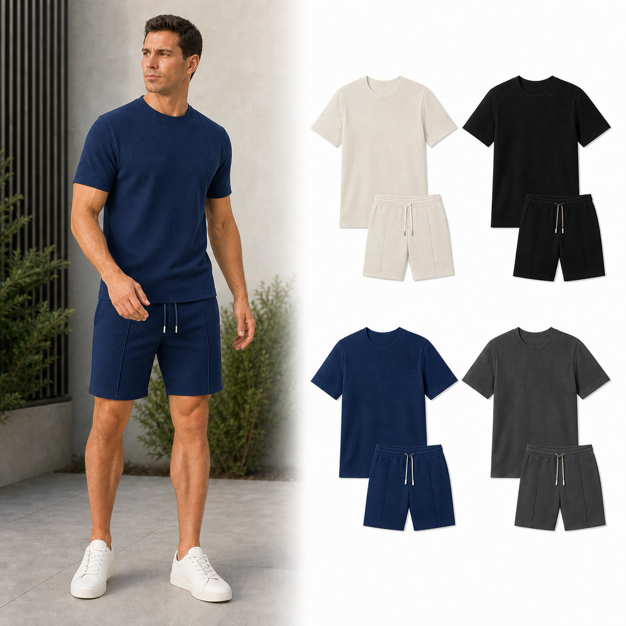 Four color pack A of men's waffle knit shirt and shorts sets