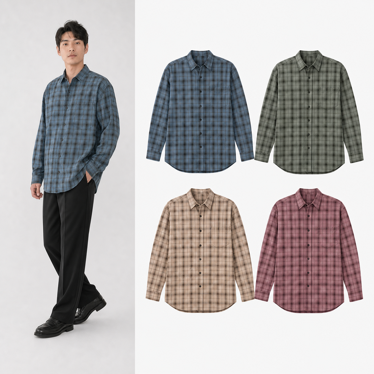Men's relaxed plaid shirt mixed four pack A