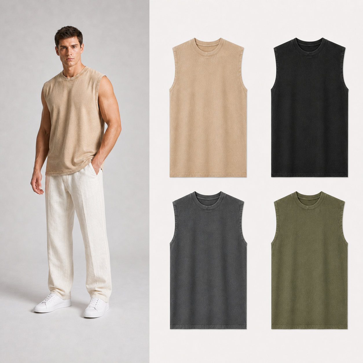 Four pack A of men's washed sleeveless T-shirts