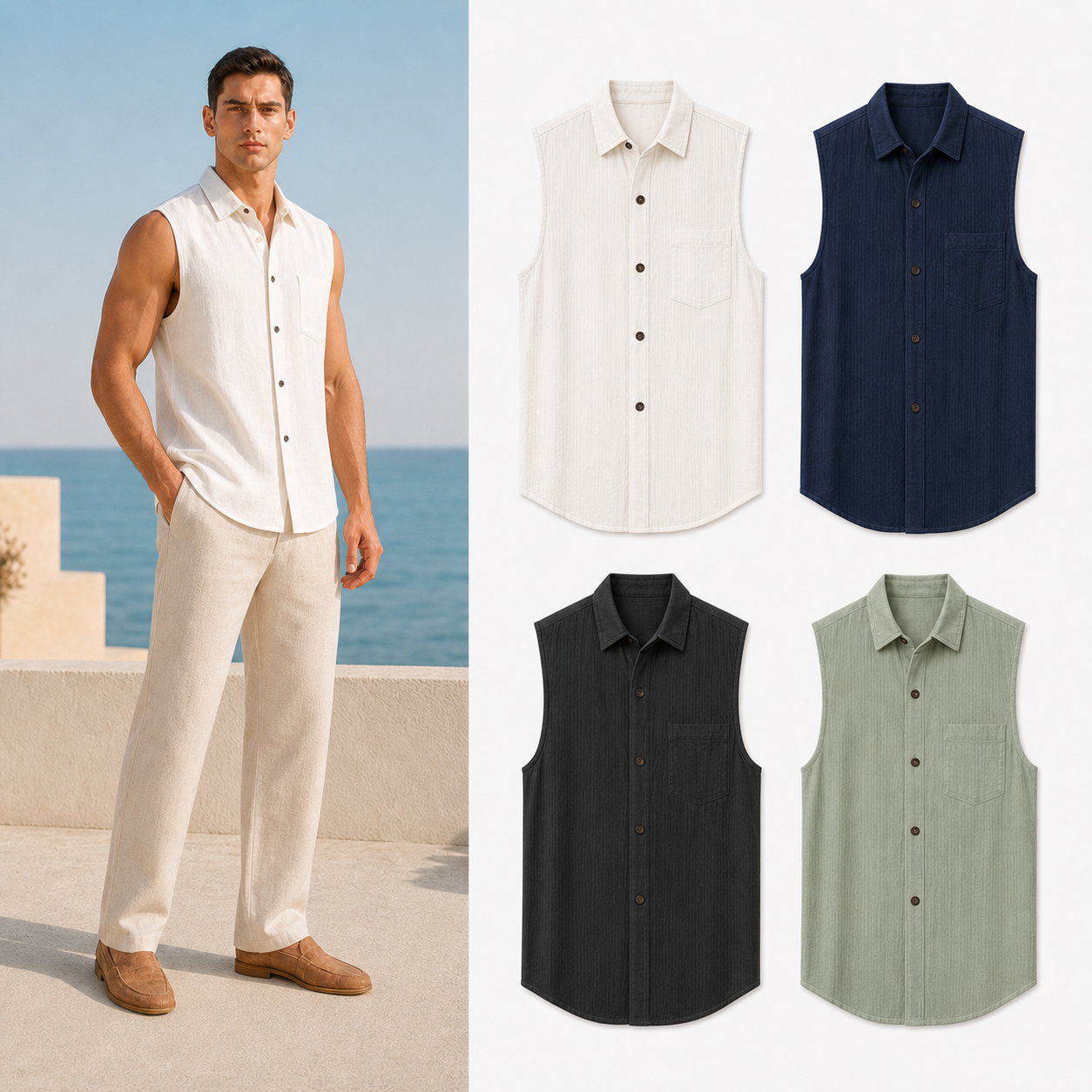 Men's sleeveless linen blend shirt mixed four pack A