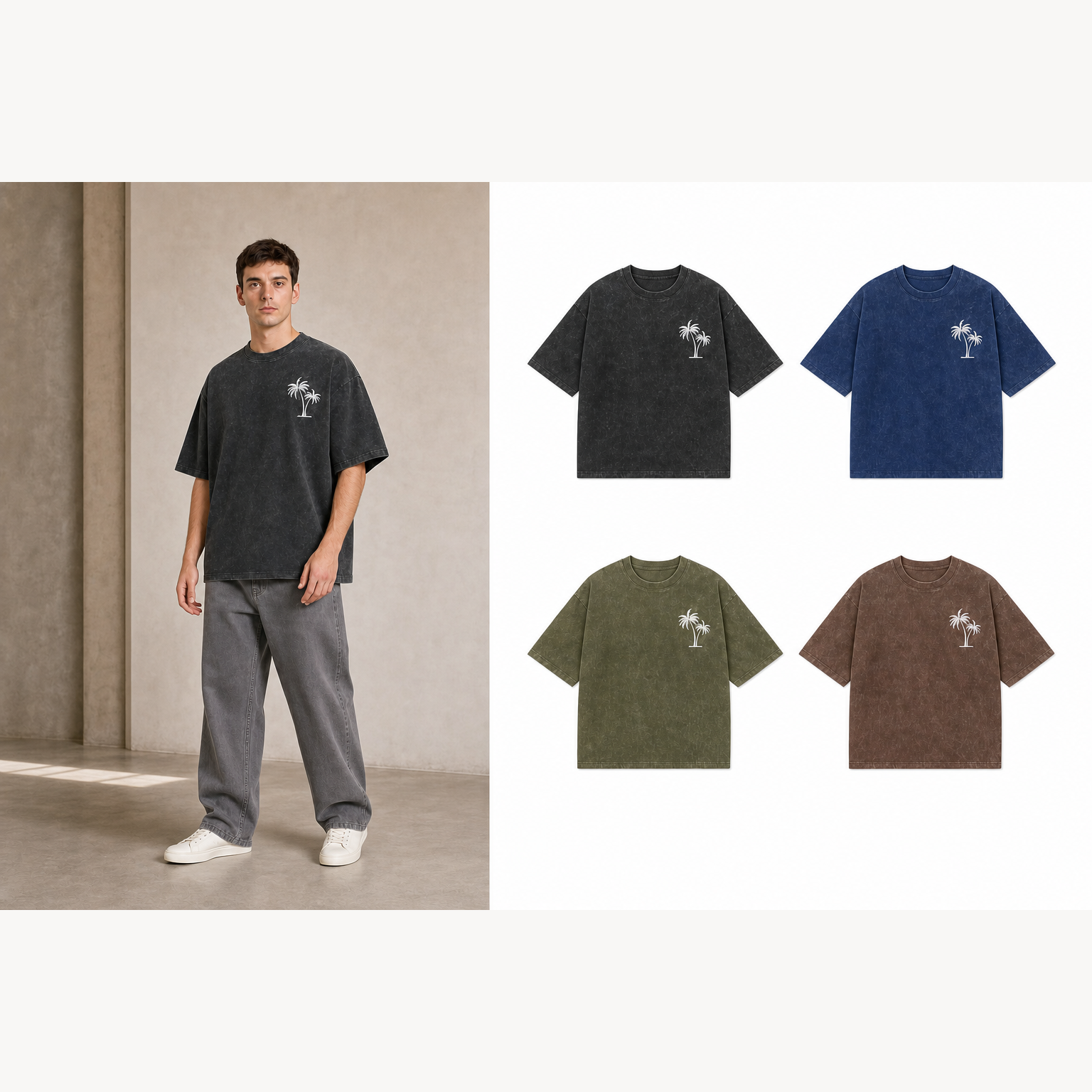 Men's washed palm graphic oversized T-shirt four-pack A