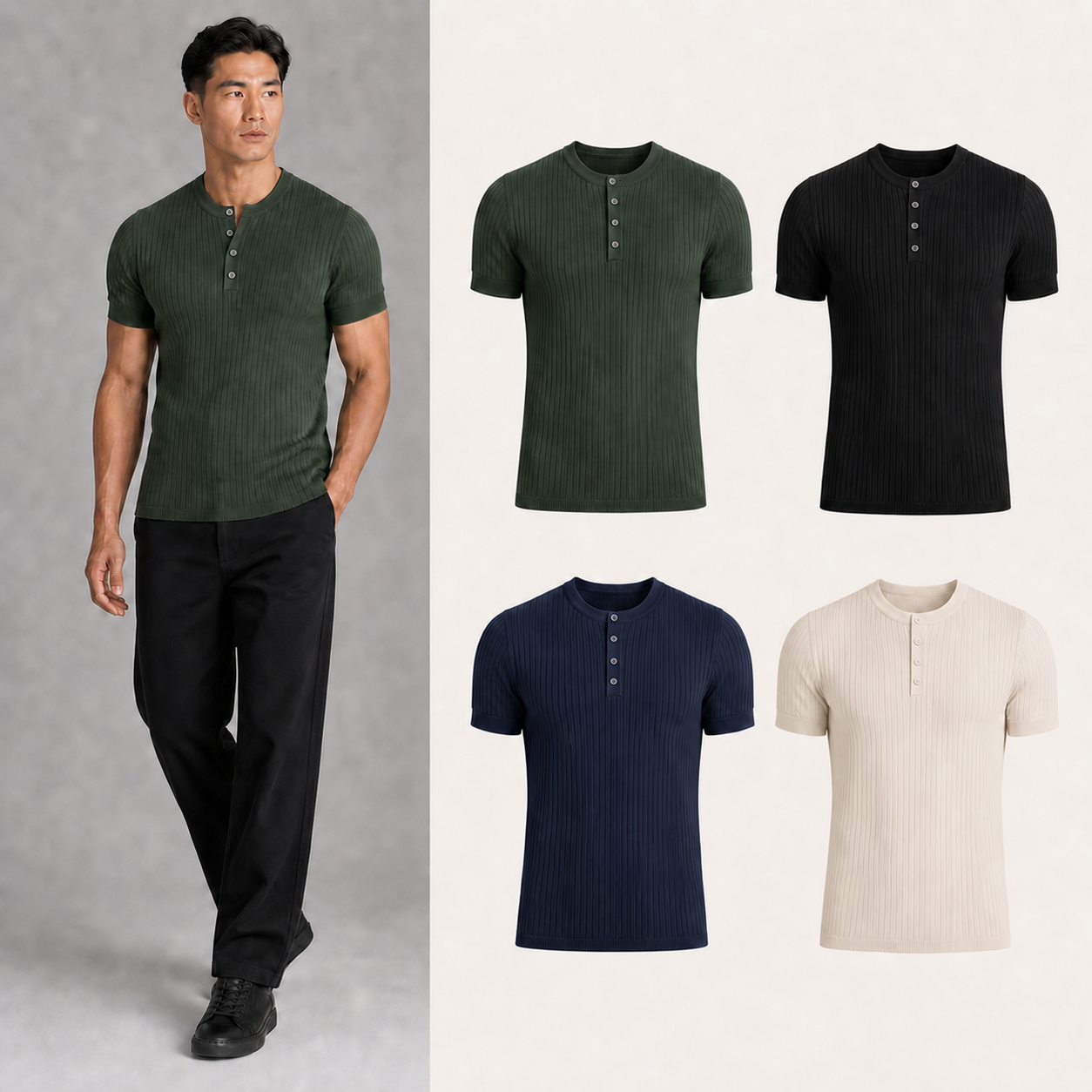 Men's fitted rib-knit four-button Henley mixed four pack A