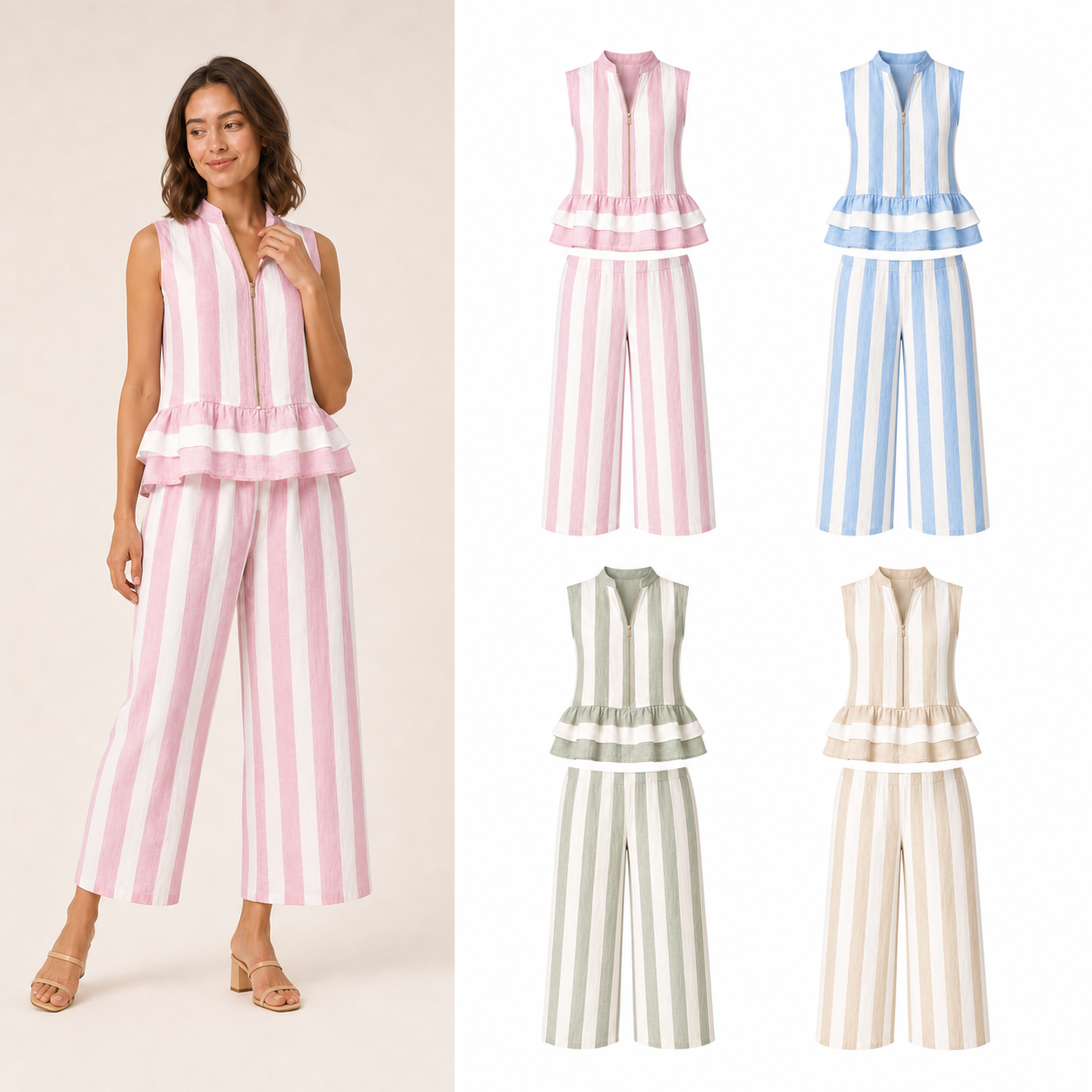 Women's striped zip peplum two-piece set four-pack A