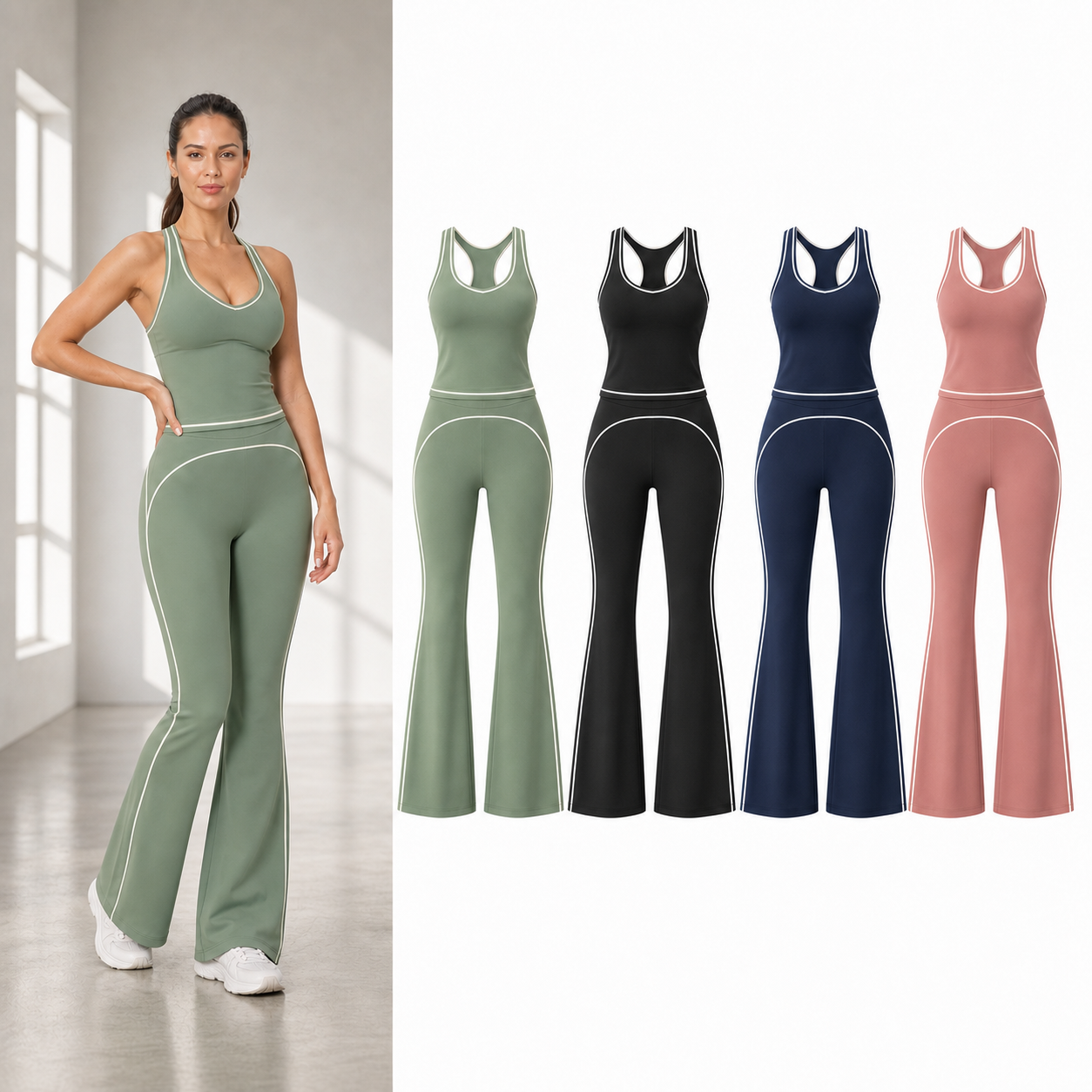 Women's contrast-trim flare active set mixed four pack A