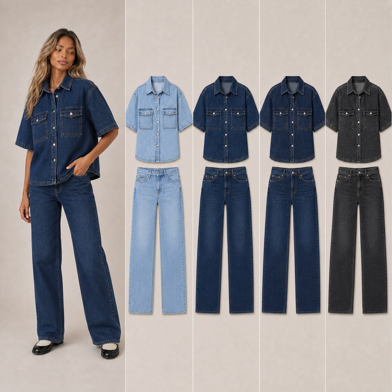 Women's denim shirt and straight jeans four-pack A