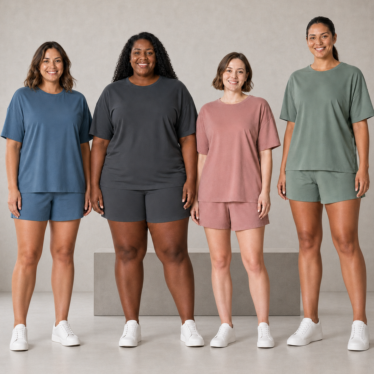 Four women wearing slate blue charcoal dusty rose and sage lounge sets