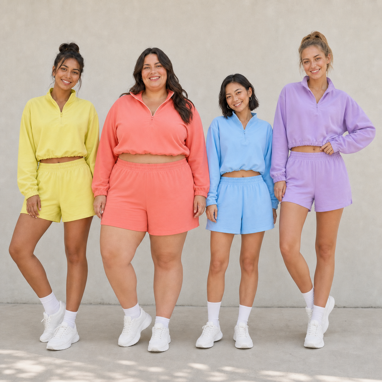 Four women wearing citrus coral sky blue and lavender shorts sets