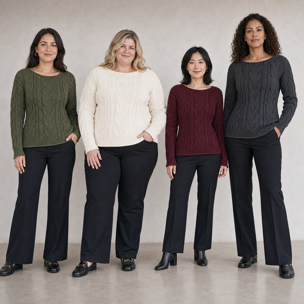Four women wearing olive cream burgundy and charcoal cable sweaters