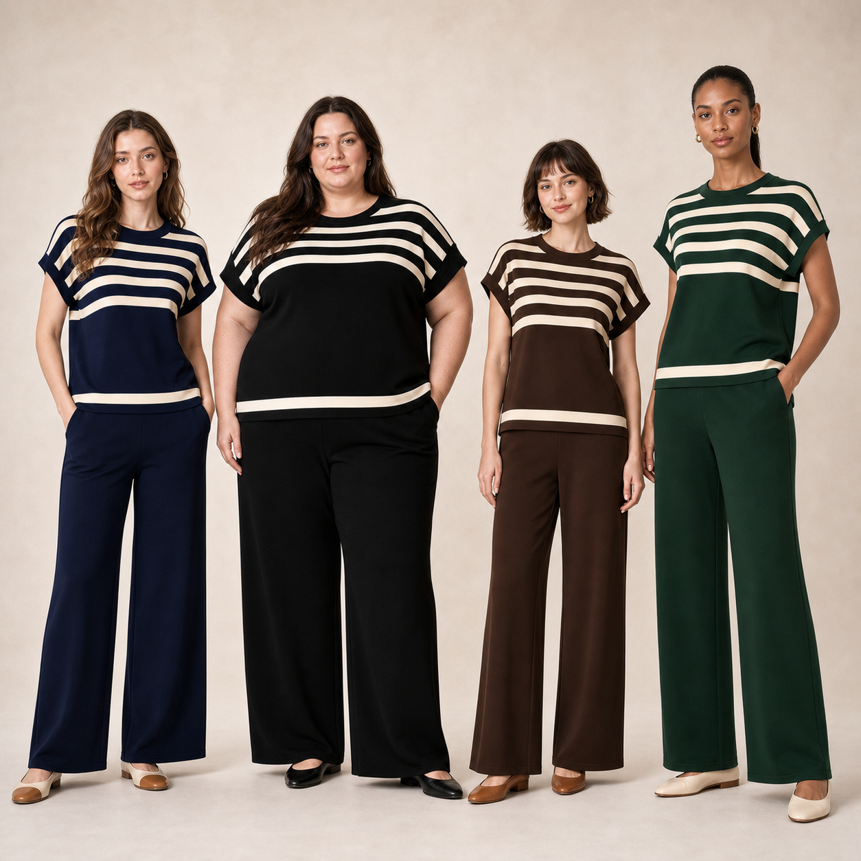 Four women wearing denim sets in pack A colors