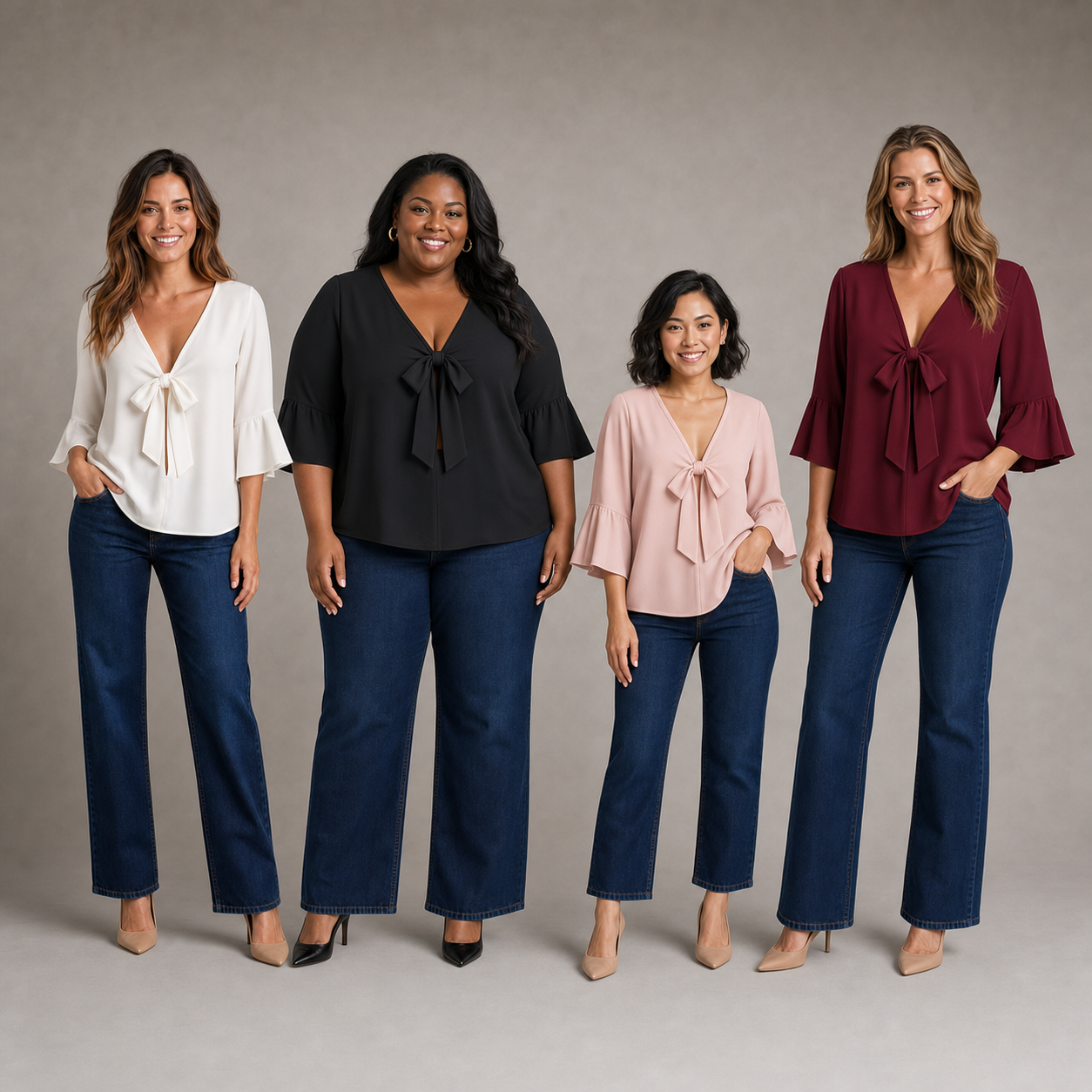 Four women wearing ivory black pink and burgundy tie-front blouses