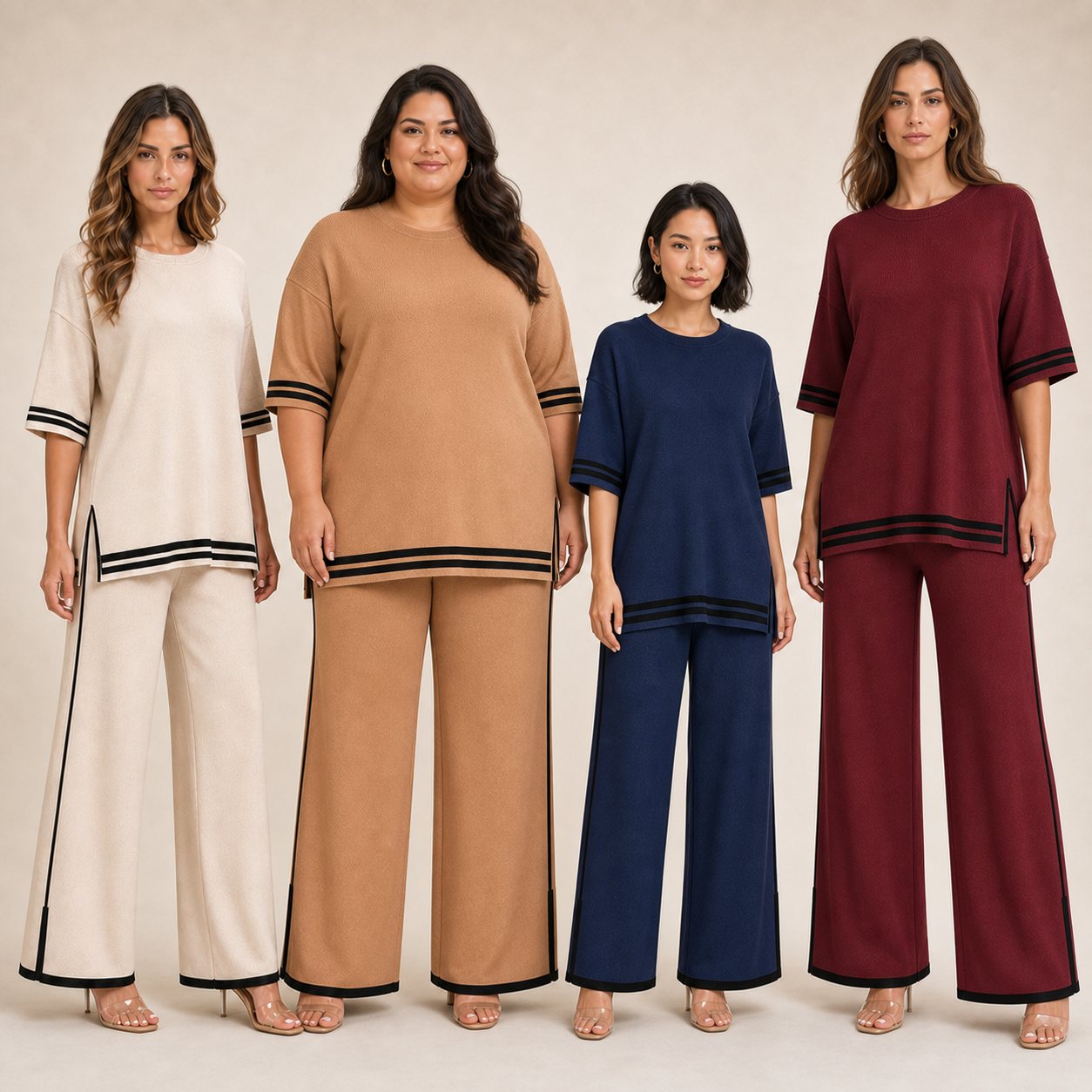 Four women wearing ivory camel navy and wine knit pants sets
