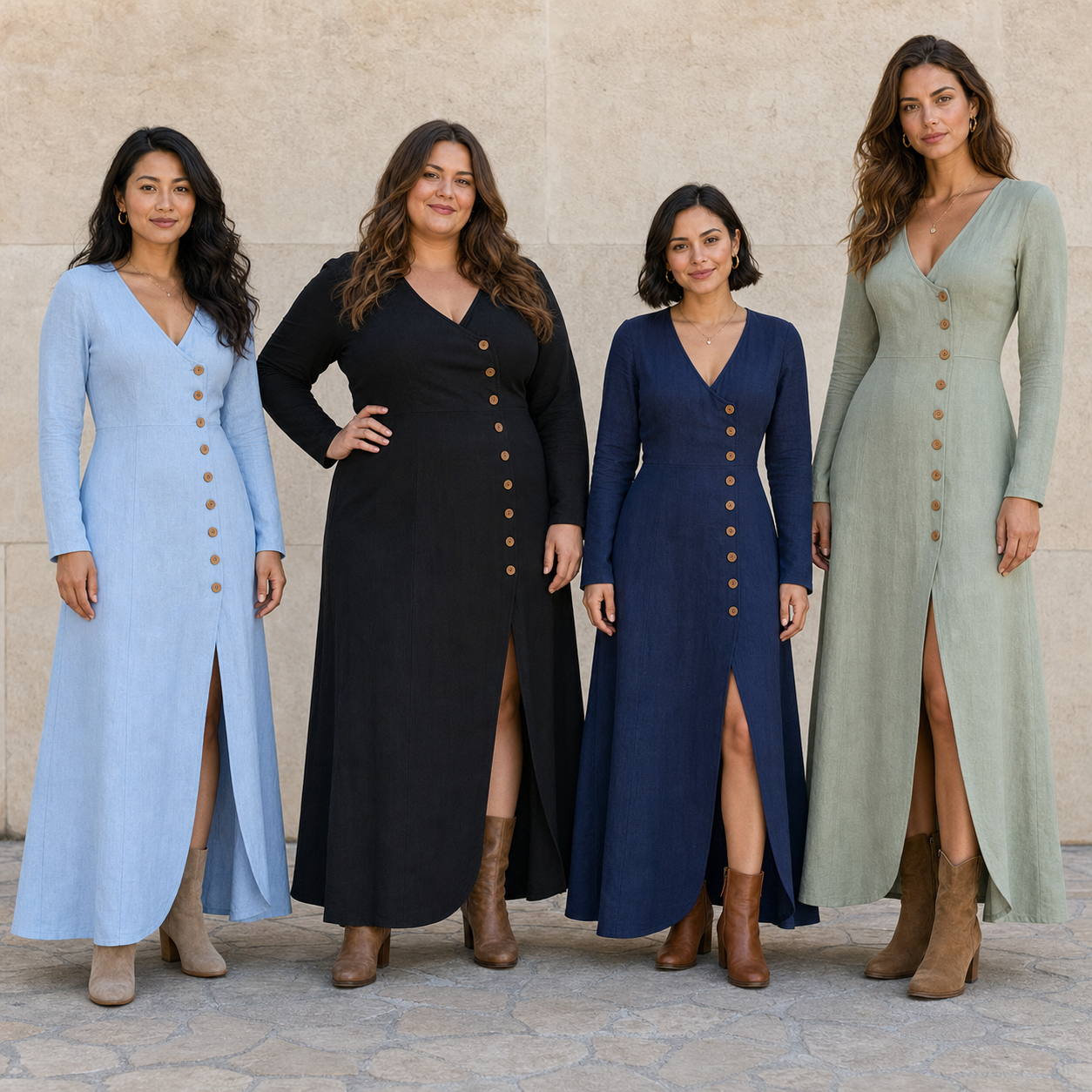 Four women wearing mixed four pack A button slit maxi dresses