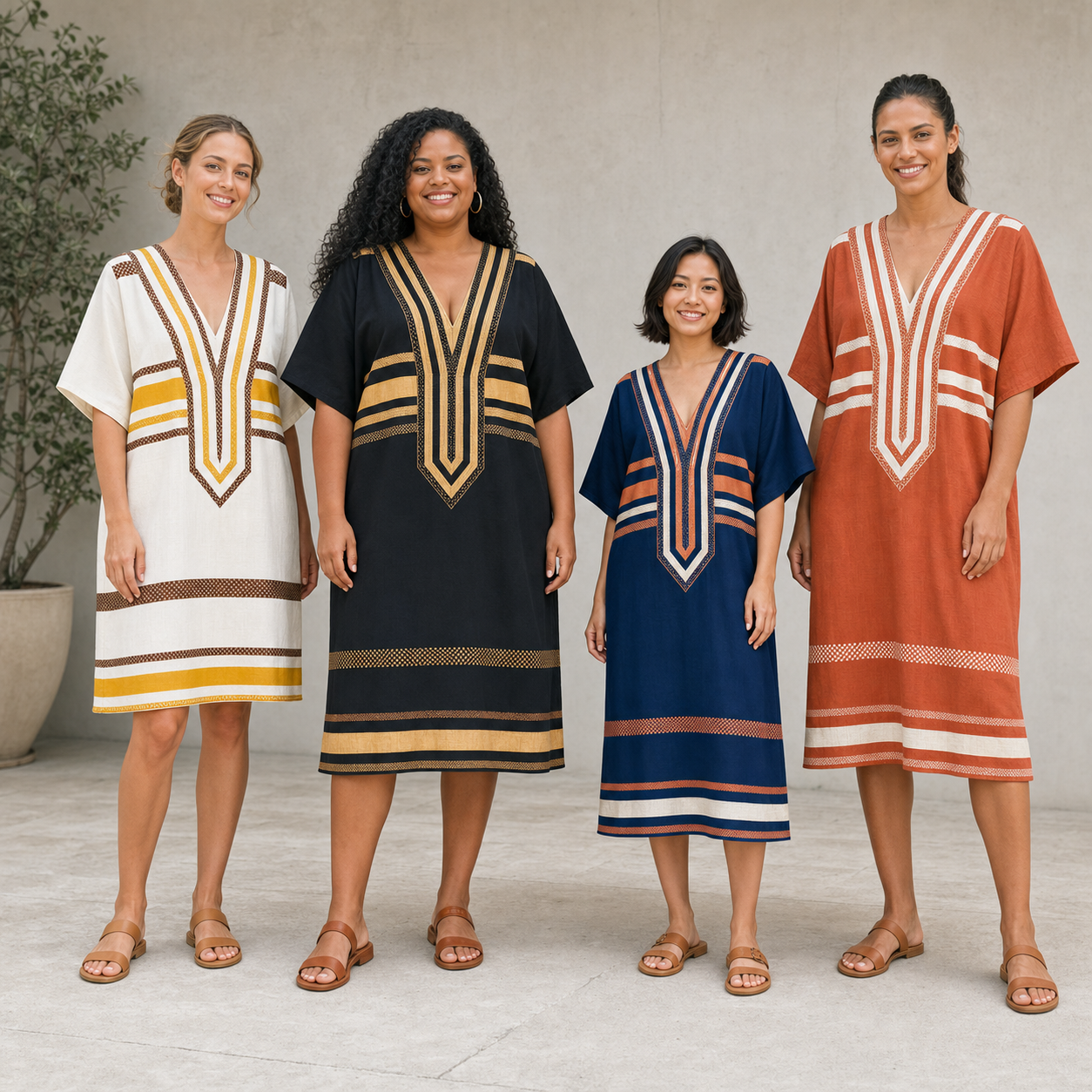 Four women wearing kaftan colors from mixed pack A