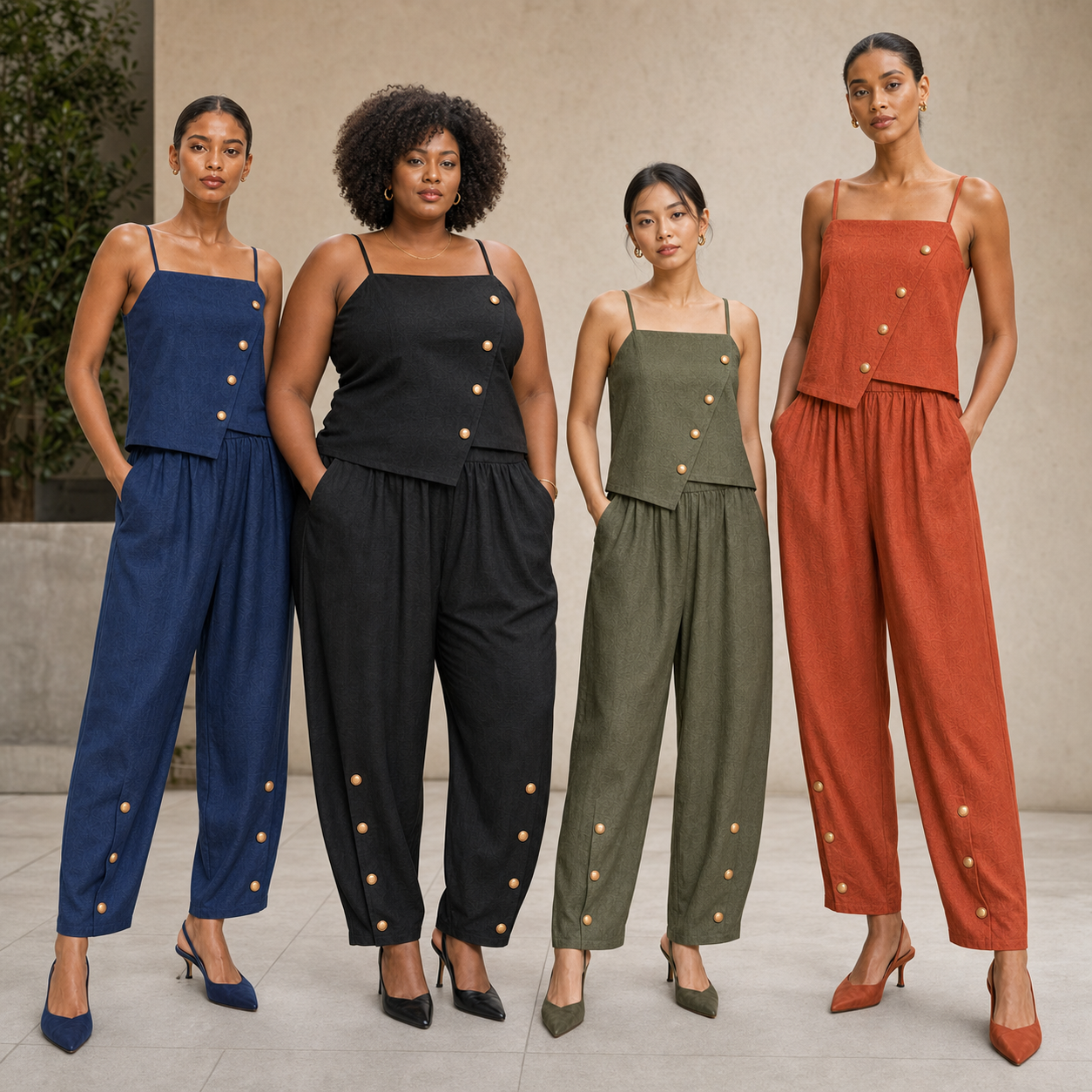 Four women wearing navy black olive and terracotta sets