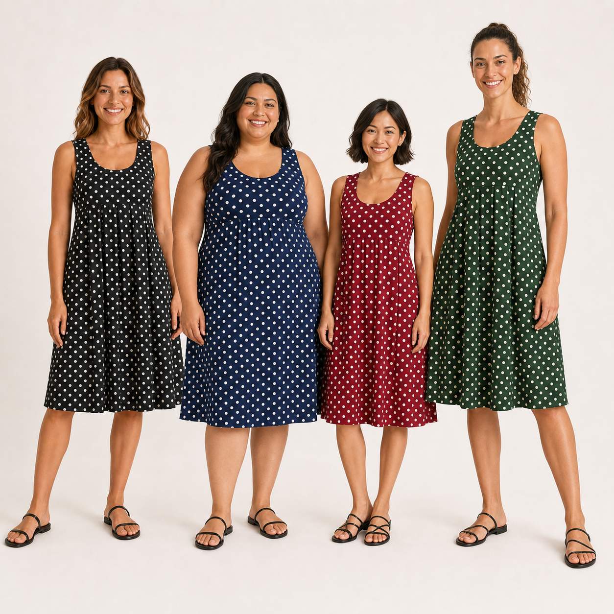 Four women wearing black navy burgundy and forest green polka dot dresses
