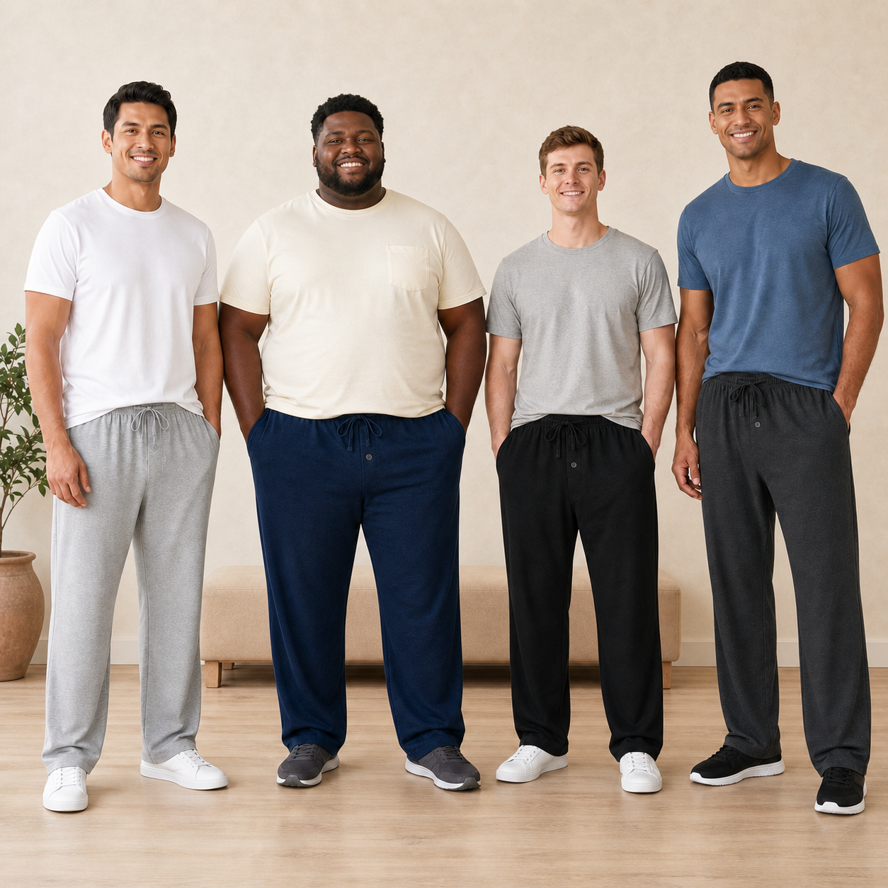 Four men wearing coordinated knit lounge pants