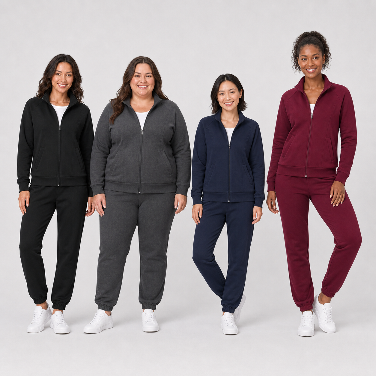 Four women wearing black charcoal navy and burgundy tracksuits