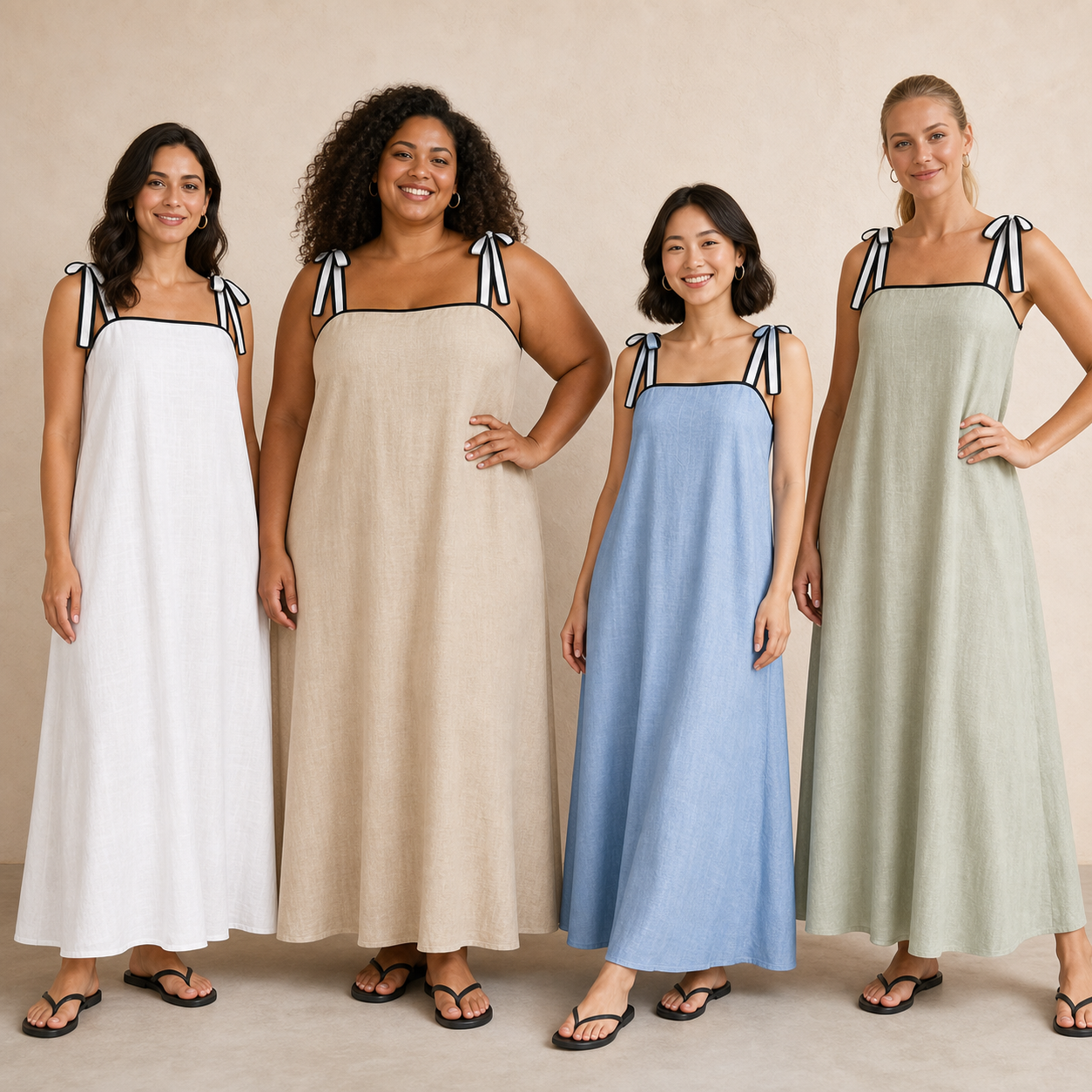 Four women wearing pack A tie-shoulder maxi dress colors