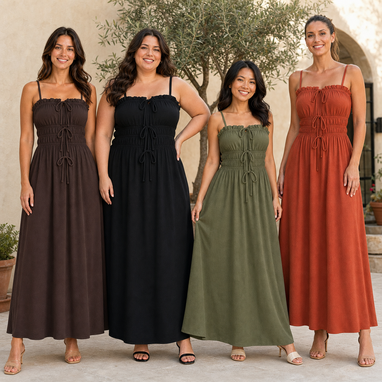 Four women wearing chocolate black olive and terracotta maxi dresses