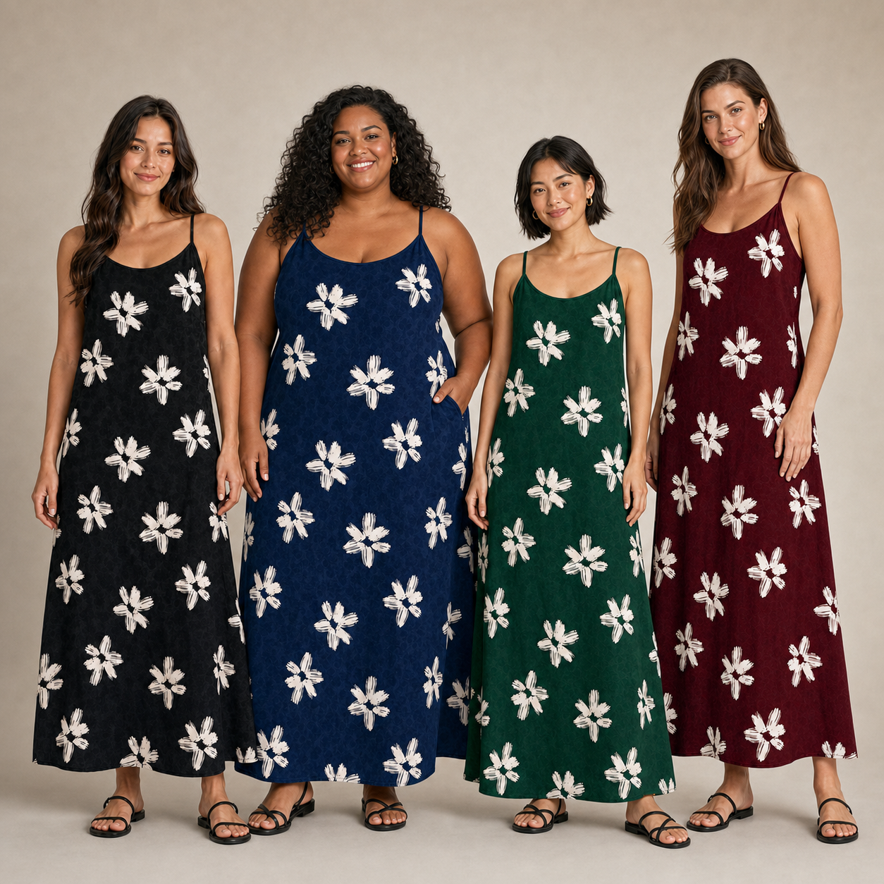 Four women wearing black navy green and burgundy floral maxi dresses