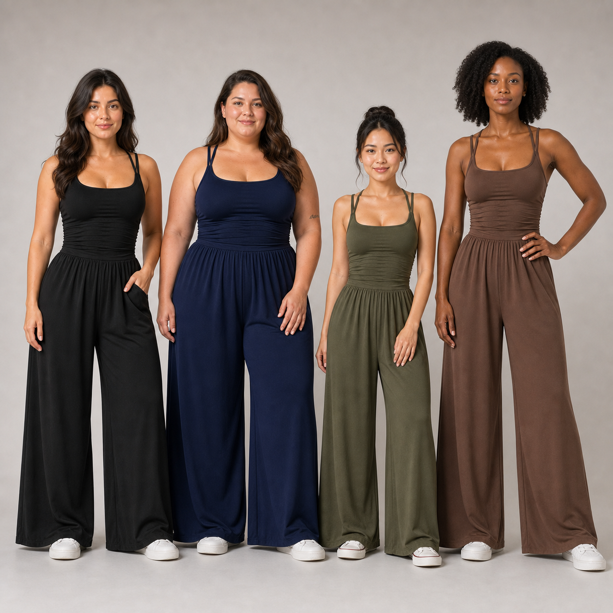 Four women wearing black, navy, olive and mocha wide-leg jumpsuits