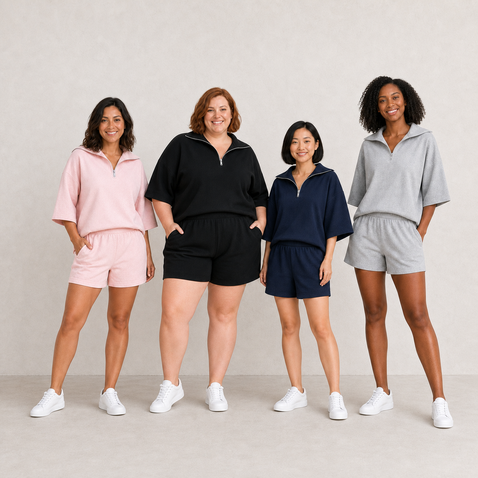 Four women wearing mixed four pack A half-zip shorts sets