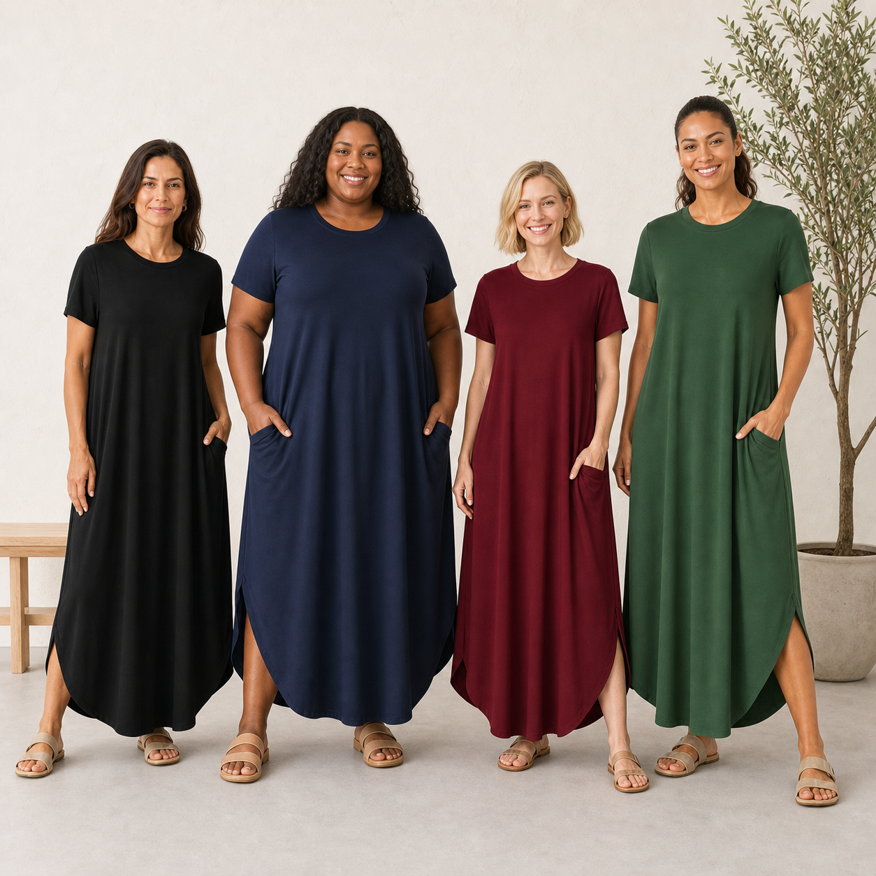 Four women wearing black navy burgundy and forest green pocket maxi dresses