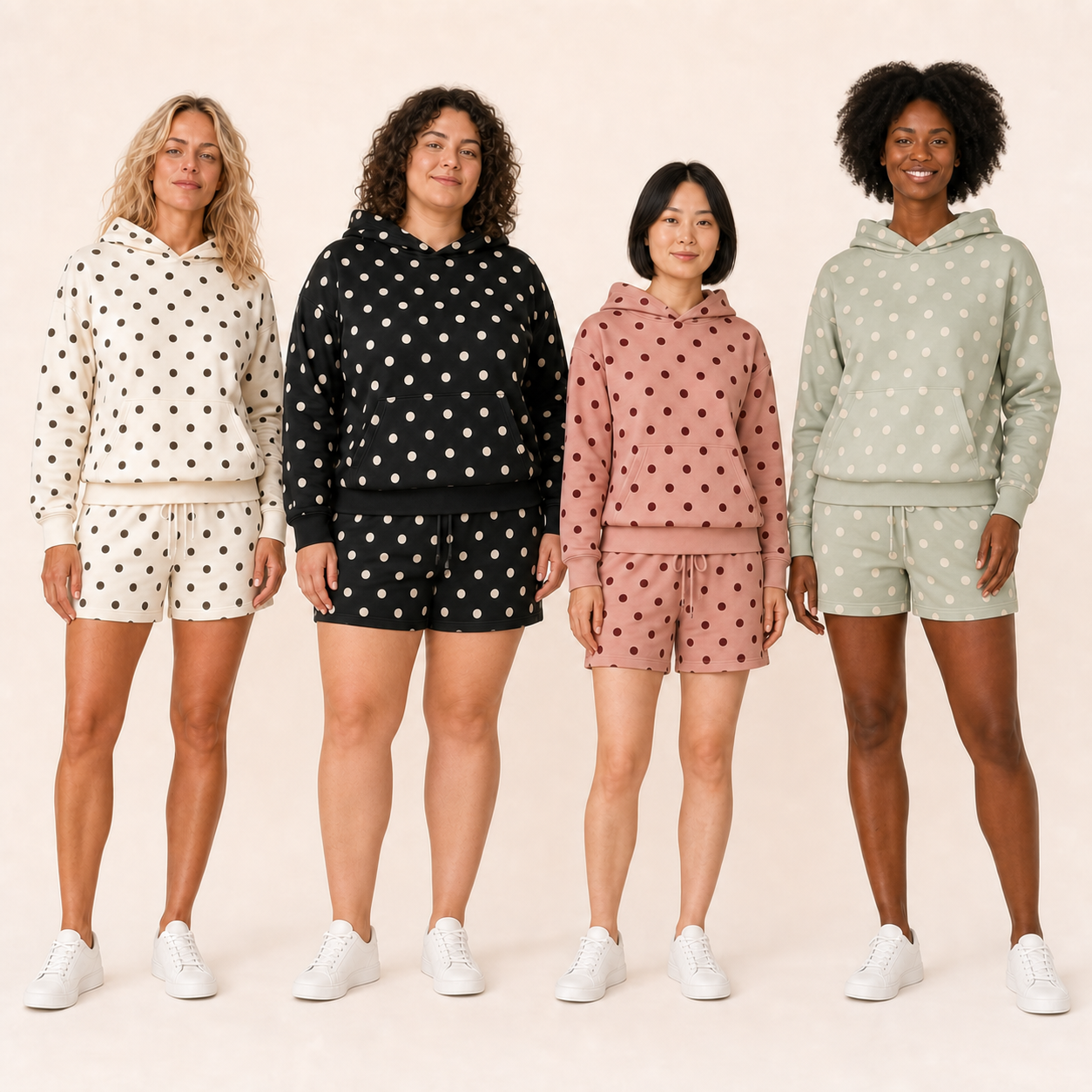Four women wearing ivory black dusty rose and sage polka dot sets