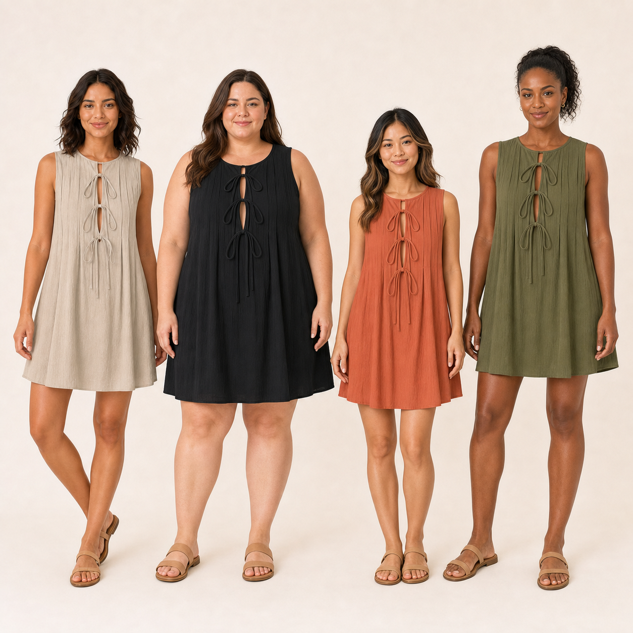 Four women wearing sand black terracotta and olive tie-front dresses
