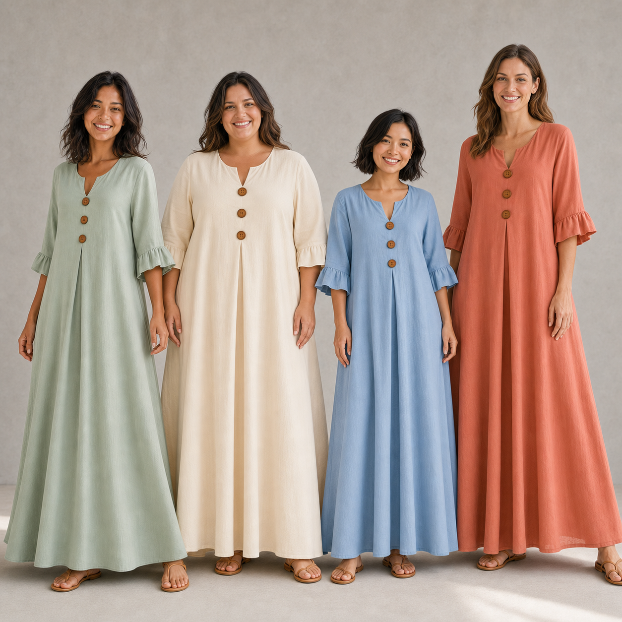 Four women wearing pack A wood-button maxi dress colors