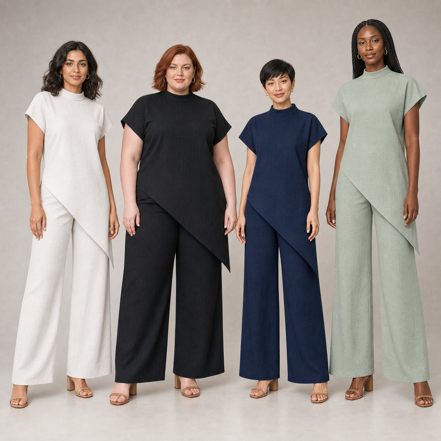 Four women wearing mixed four pack A asymmetric pants sets