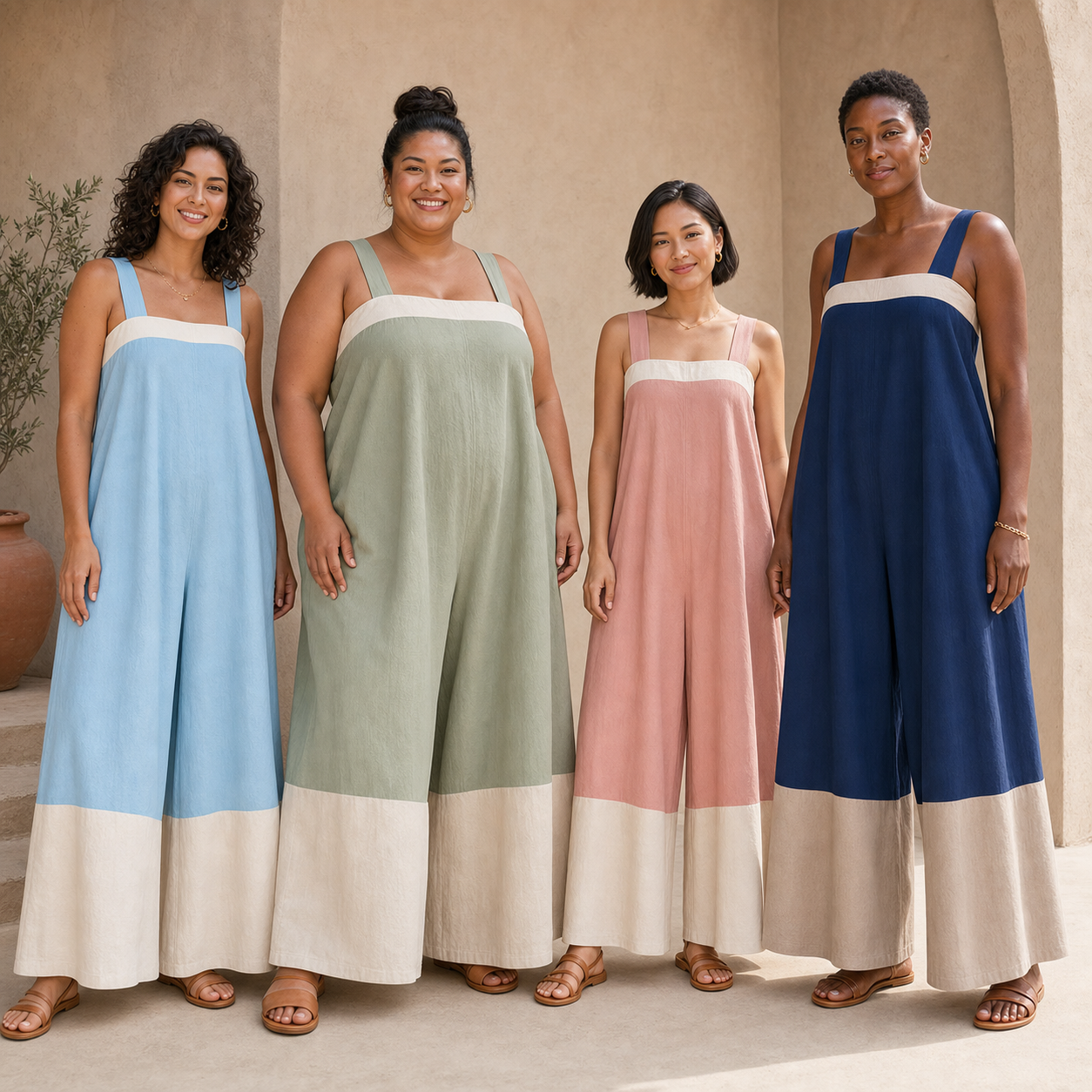Four women wearing colorblock jumpsuits in pack A colors